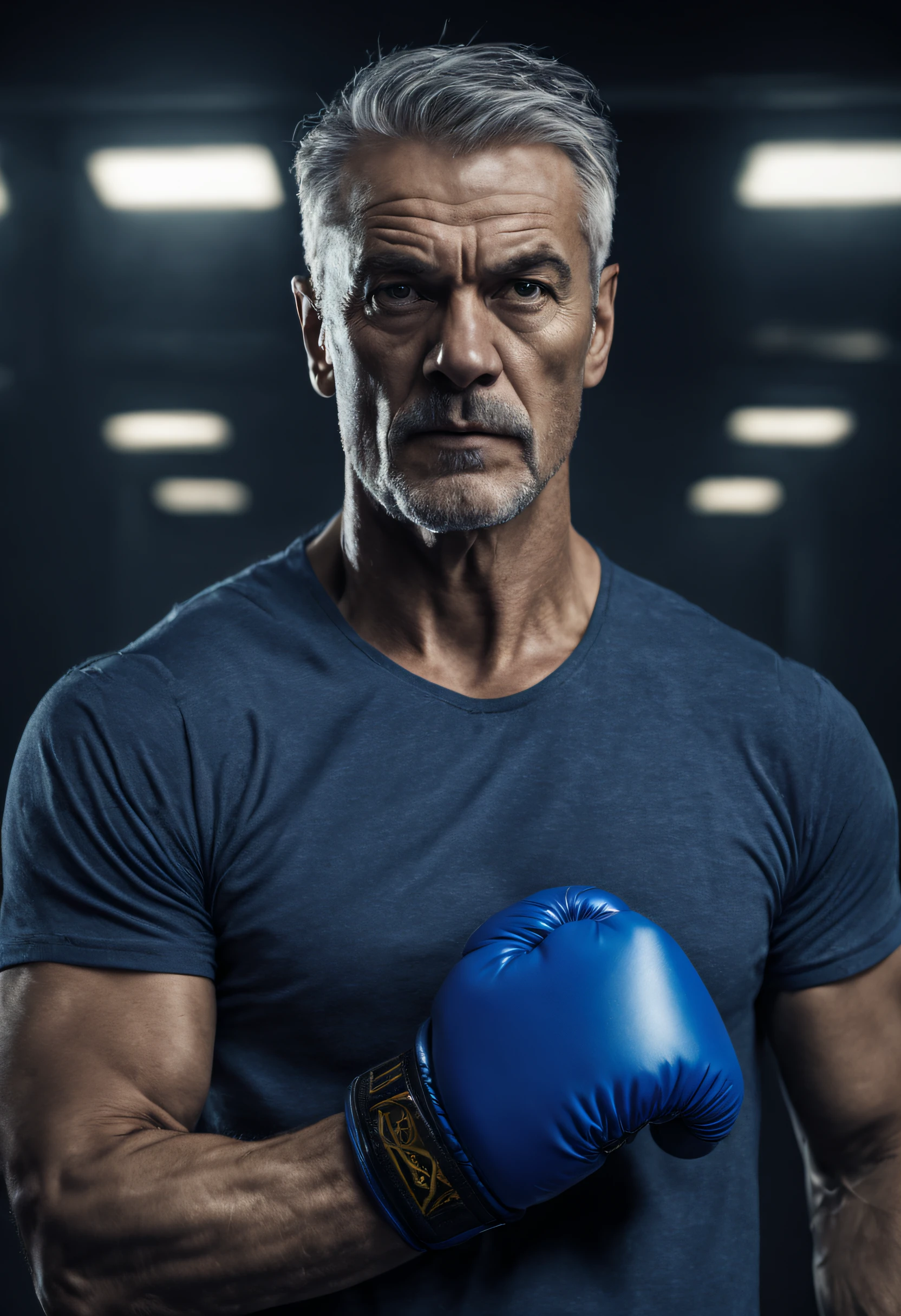 boxer, 40 years old full body, gray hair, strong, blue boxing glove, blue shirt, face of courage, half body, cinematic lighting, very detailed, 8k, hazy background