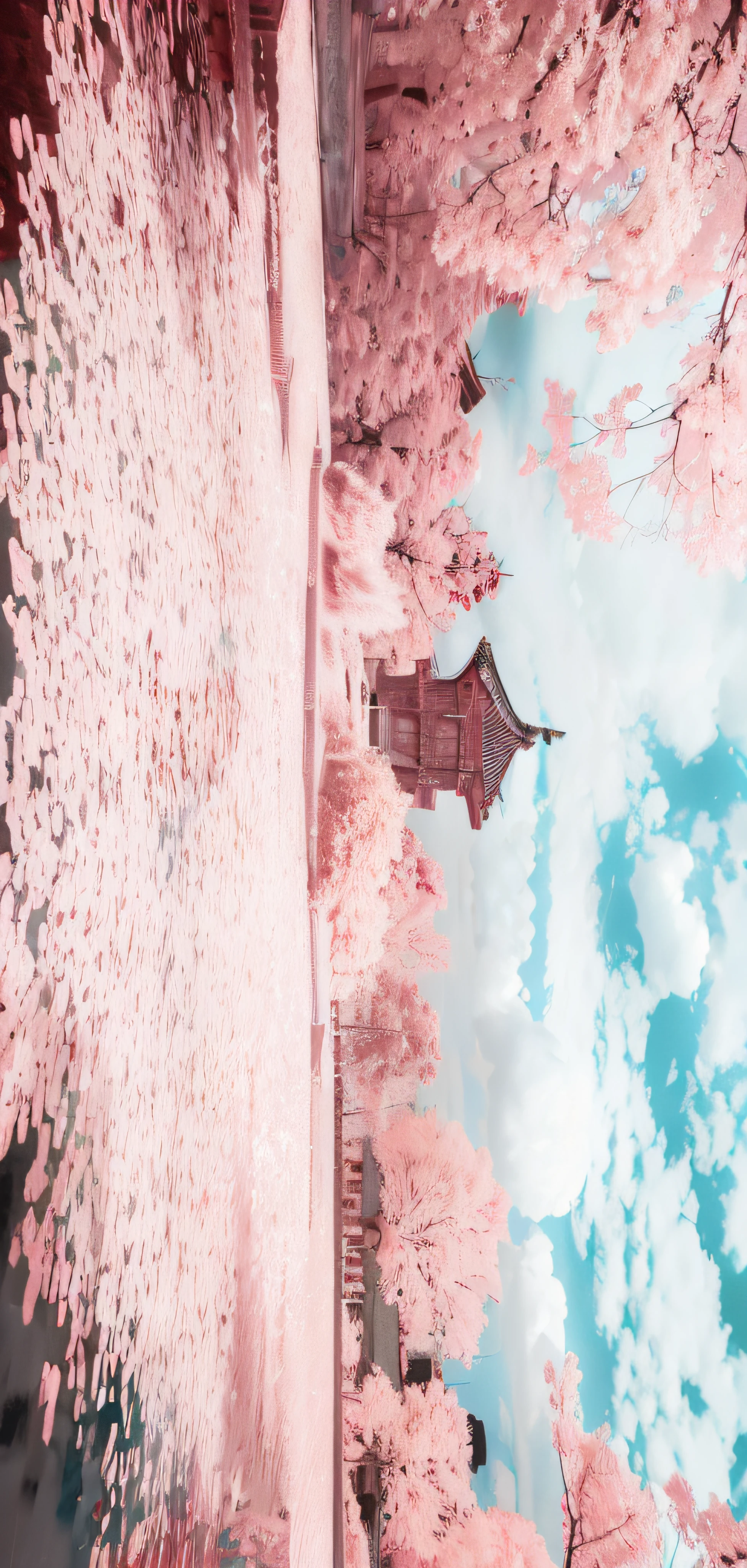 There is a clock tower in the middle of the pink woods, Inspired by Kiyomitsu Torii, Infrared film, Infrared photography, infrared, kyoto inspired, digital painting of a pagoda, Inspired by Torii Kiyozo II, pink zen style, pink landscape, Inspired by Kiyozo Torii, japanese temples, japanese temples