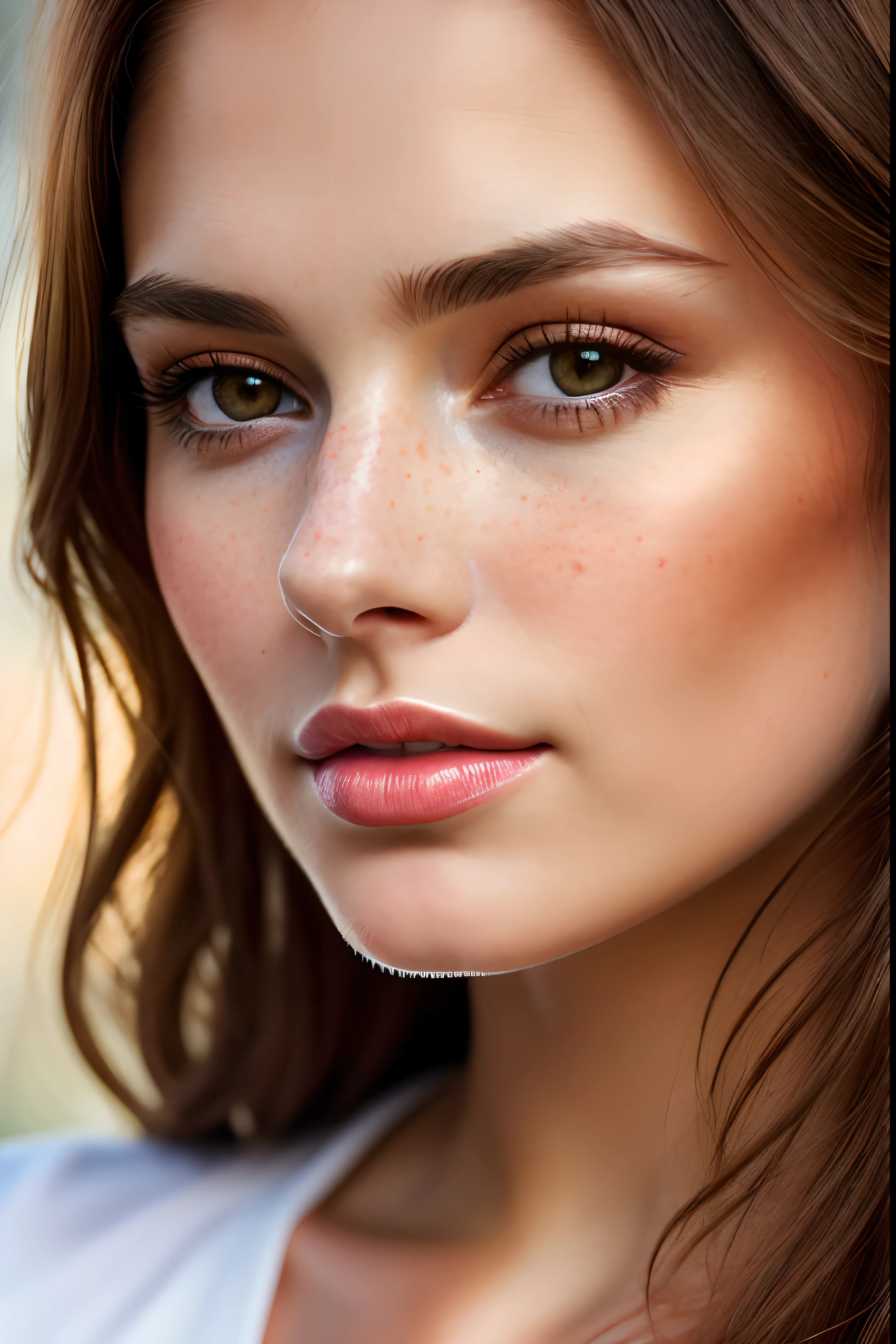 color photograph, close-up, ((a realistic photo of a beautiful woman)), (milalc), light, ((glowy skin)), looking_at_viewer, (fit body:1.0), ((large breasts)), long hair, detailed illustration, masterpiece, high quality, realistic, very detailed face, no freckles, brown hair, brown eyes, black shirt