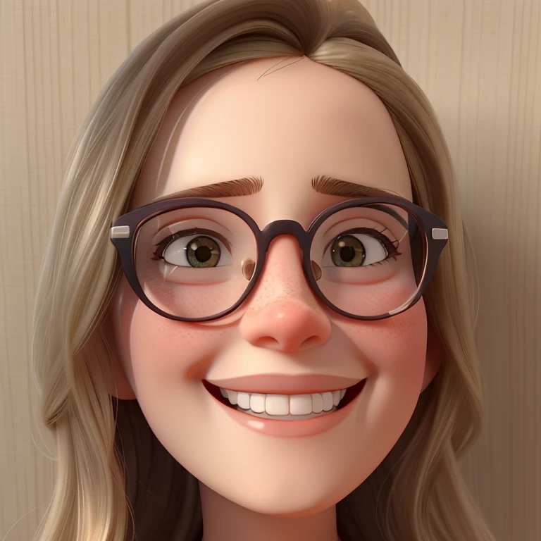 Blonde woman long hair beautiful brown eyes wearing glasses holding a psychology book with perfect light high quality best image Disney Pixar style