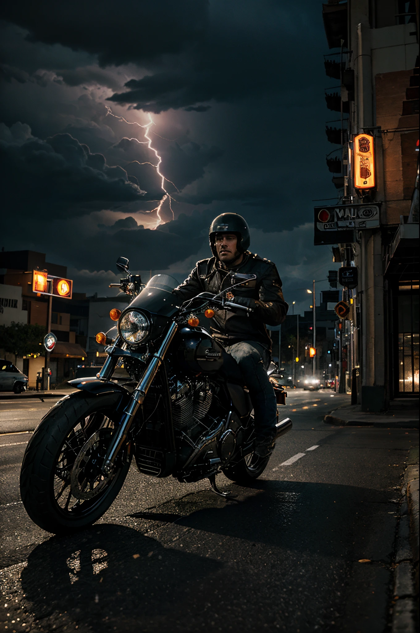 high quality, cinematic ray , realistic digital art illustration epic lightning, high detail,cinematic lightning, a man driving a harley davidson v rod