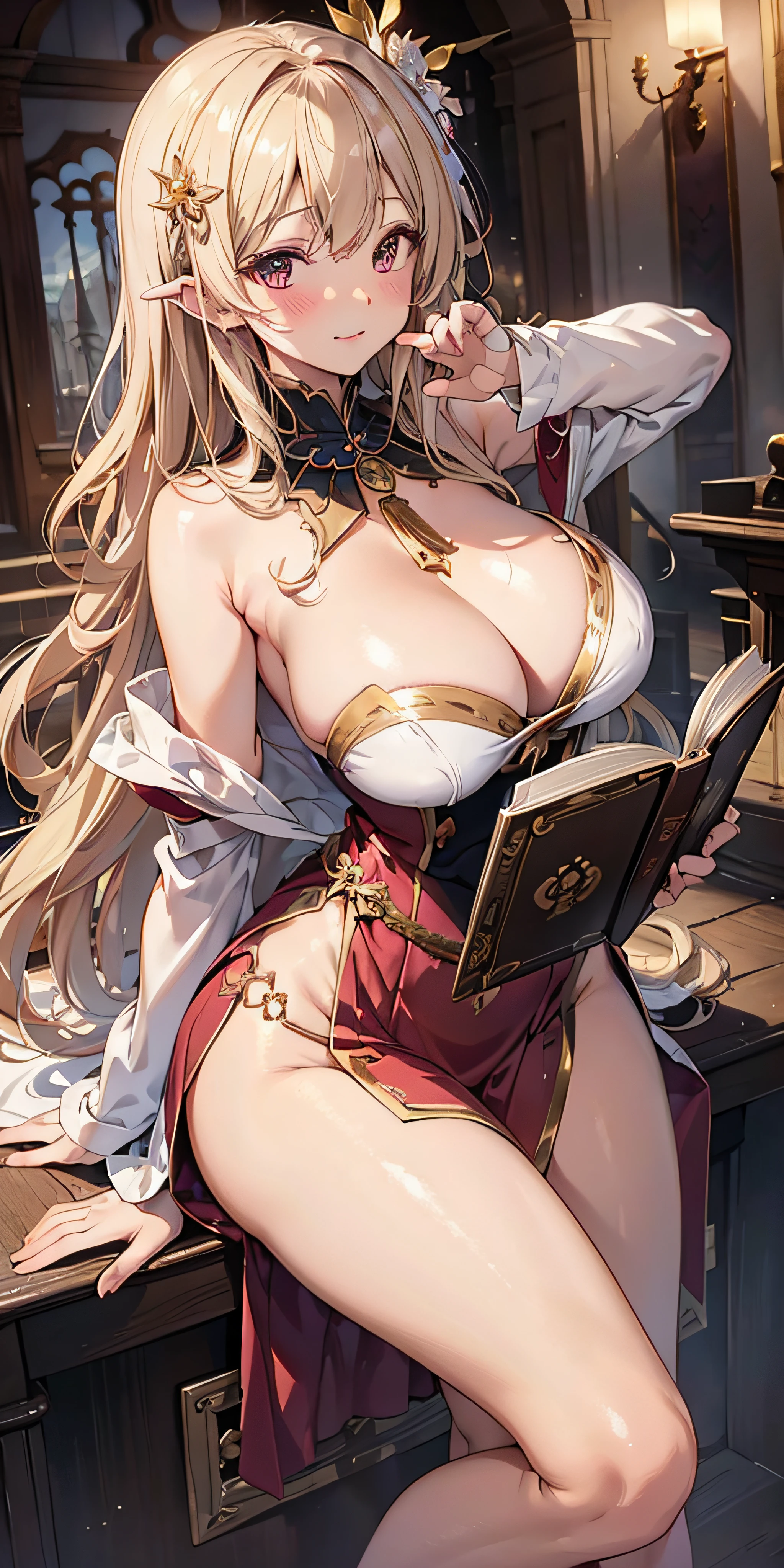 masutepiece, Best Quality, the Extremely Detailed CG Unity 8K Wallpapers, Beauty Priestess Costume, Long dark blonde wavy hair、gorgeous dress, Gorgeous Long Flared Skirt、Luxurious hair ornaments、Medium milk, Puffy nipple、Blushing, Shy laughter, Bare shoulders、sexy hips、high-heels、Luxurious magic wand and book、Church of the castle、sexy pose、(Poses that emphasize the buttocks)、Close your chest and emphasize