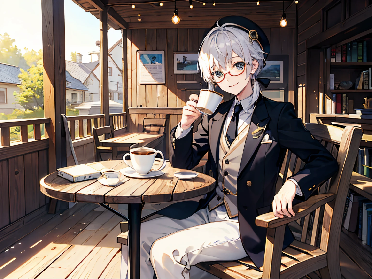 Male ager、One、He wears round glasses with no rims、white hair、poneyTail、tailcoat、neck tie、Hats、Tea、Bright sunshine、Veranda of the lodge、Sit in a wooden rocking chair、Relaxing with a smile on his face、Holding a coffee cup in hand、Books on the desk