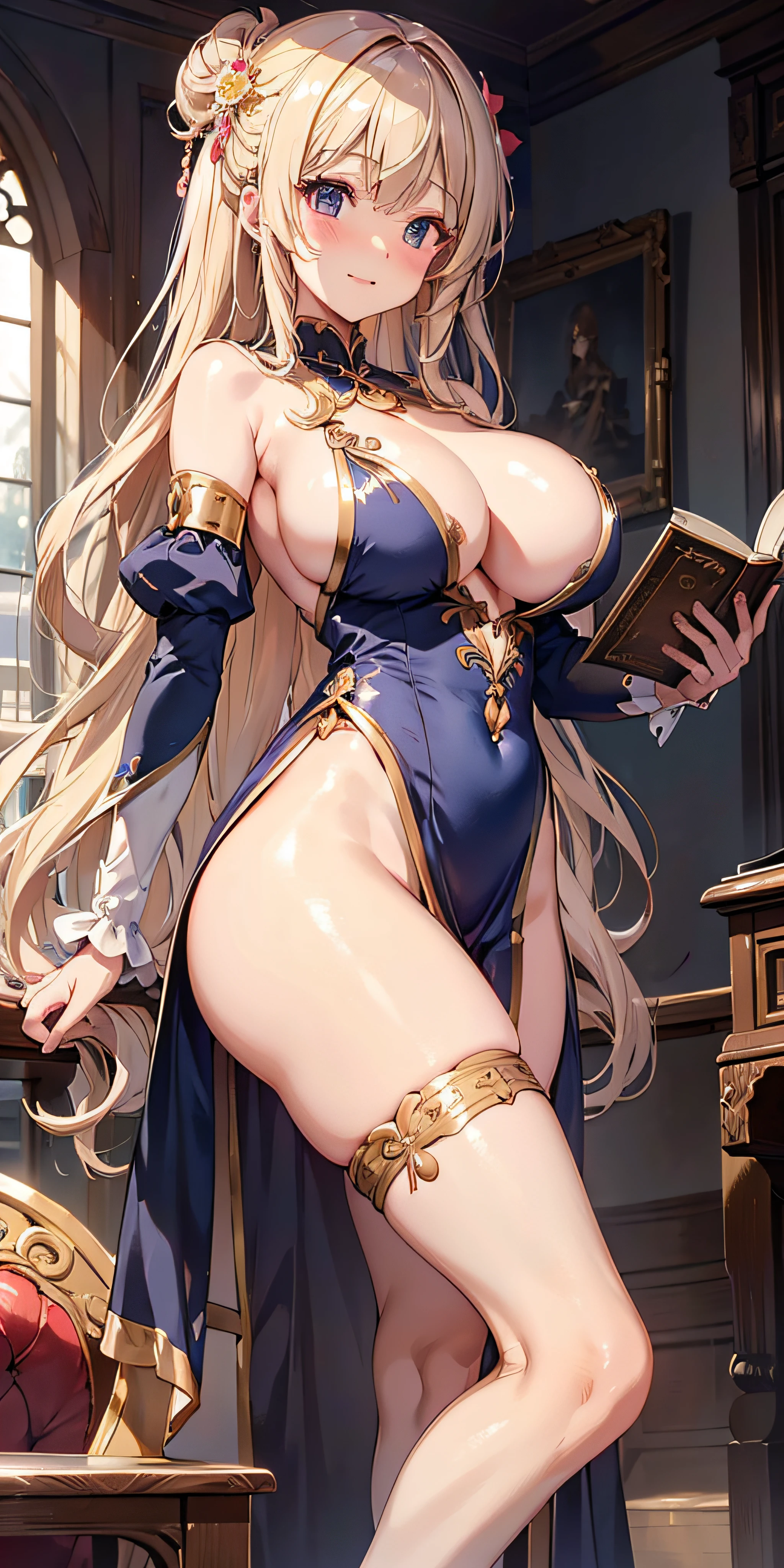 masutepiece, Best Quality,  the Extremely Detailed CG Unity 8K Wallpapers, Beauty Priestess Costume, Long dark blonde wavy hair、gorgeous dress、Luxurious hair ornaments、Medium milk,  Puffy nipple、Blushing, Shy laughter, Bare shoulders、sexy hips、high-heels、Luxurious magic wand and book、Church of the castle、sexy  pose、(Poses that emphasize the buttocks)、Emphasis on the chest