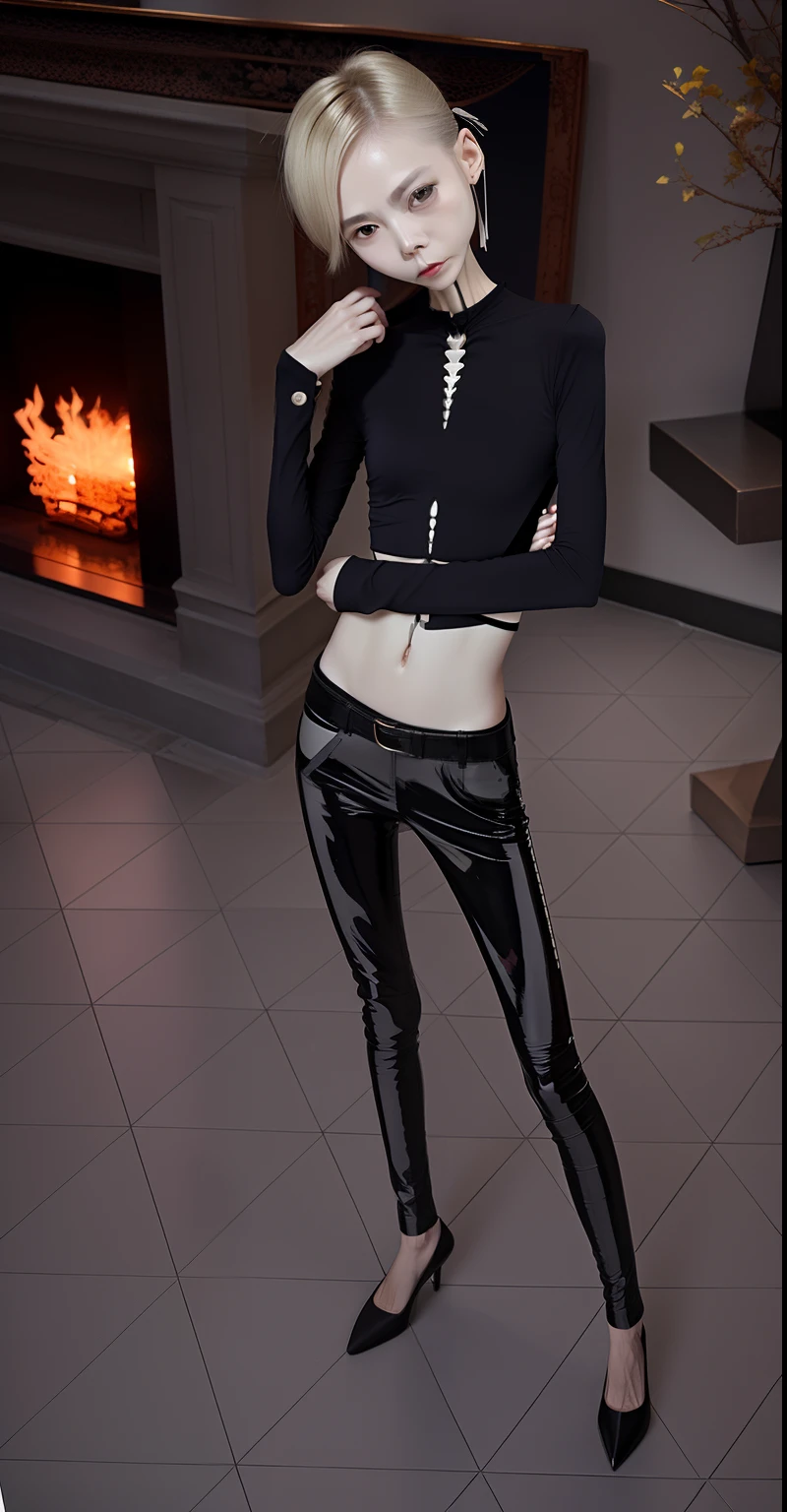 extremely thin woman, A thin body，Protruding sternum，The waist is very thin，The ribs are noticeable，Protruding ribs，The pelvic protrusion is very obvious，The pelvis is markedly elevated，White skin of the，thin shoulde，The waist is very thin，extremely thin，Sunken abdomen，Delicate arms，skin and bones，Short hair details and face shape，Wear a tight leather skirt，Asia face，Body as thin as a skeleton，angry look，weeping，Face becomes thinner，Severe malnutrition