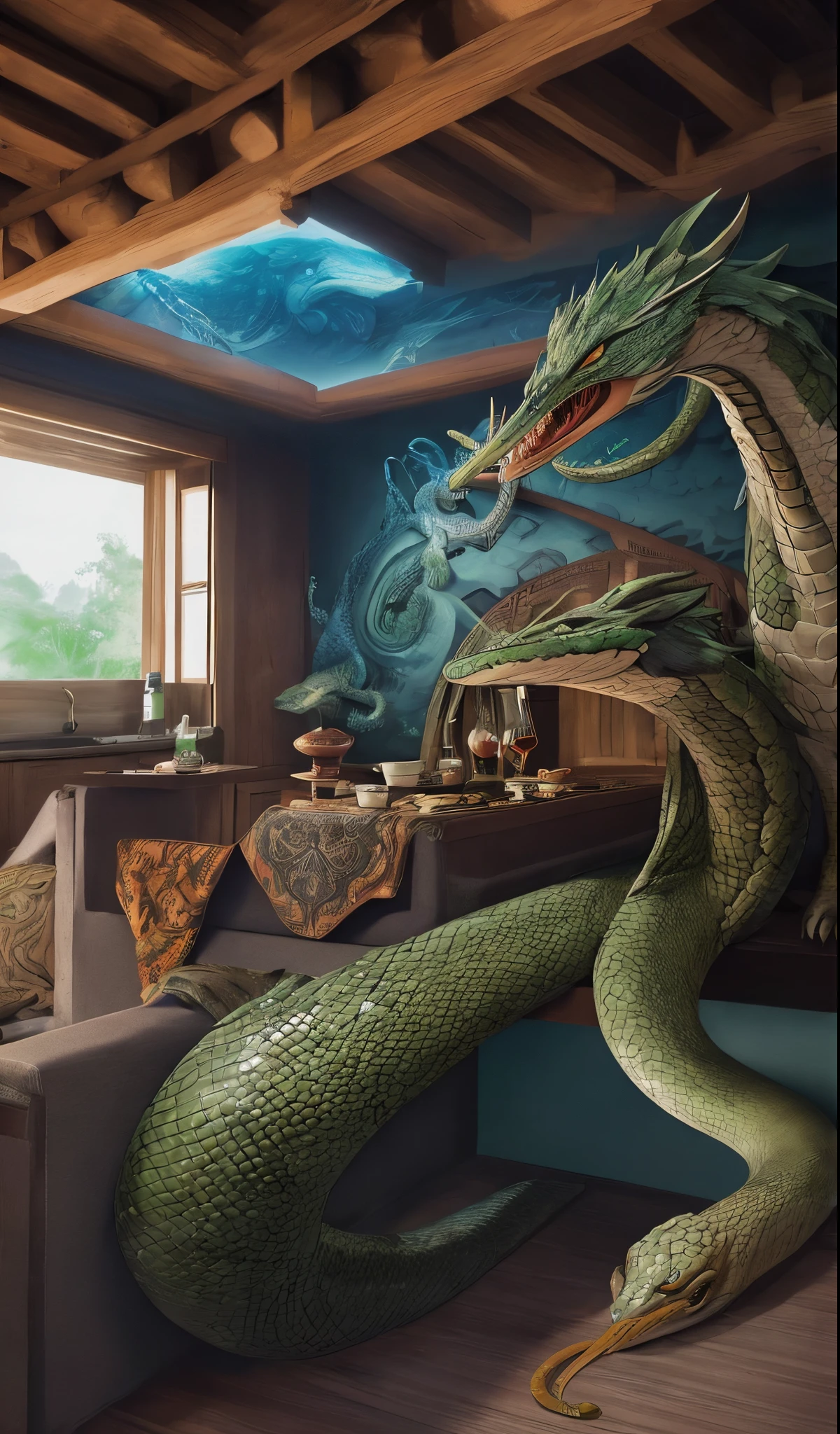 Dragoned, tigre, pantera, oriental style heron and snake.