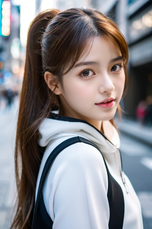 Best Quality Detail:1.2, realisitic, 8K UHD, hight resolution, 1girl in:1.2, The ultra-detailliert, High quality textures, intricate detailes, detaileds, Very detailed CG, High quality shadows, Detail Beautiful delicate face, Detail Beautiful delicate eyes, depth of fields, Ray traching, in her 20s, Pretty Kpop Girl, Korean Urzan Face:1.1, Slender face, ulzzang -6500-v1.1:0.6, pureerosface_v1, gloweyes, teak, Glossy lips, perfectbody, Brown hair、poneyTail:1.1, Street, Particle,  look at viewr, Photorealsitic:1.4, ultra-detailliert, photos realistic, 4K 8K UHD Full Color RAW Photos, Fuji Film(Medium format:1.2), Hasselblad:1.2, Carl zeiss:1.1, Incredible dynamic range photography(UTIL_Art by Smoose-768:1.1), hight resolution, High pixel count, clear details, crisp image, Natural color reproduction, Noise Reduction, High fidelity, qulity, Software Improvements, Upscaling, Optimized algorithms, Pro-level retouching、((Shibuya, tokyo prefecture))、On the way to shopping、((Fashionable clothes with a very high design))、Casual Tracksuit: Sporty and casual tracksuit、Fashionable style