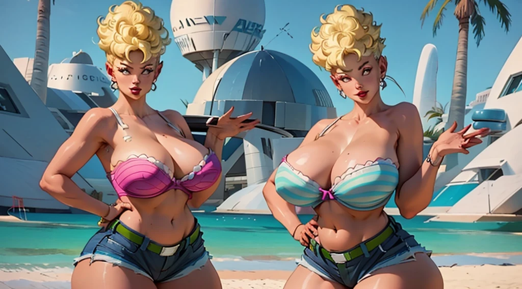 4k, high quality, beautiful voluptuous girl, huge breast, In a bra, short shorts , dynamic pose, breasts sticking out,strapless, open Button,