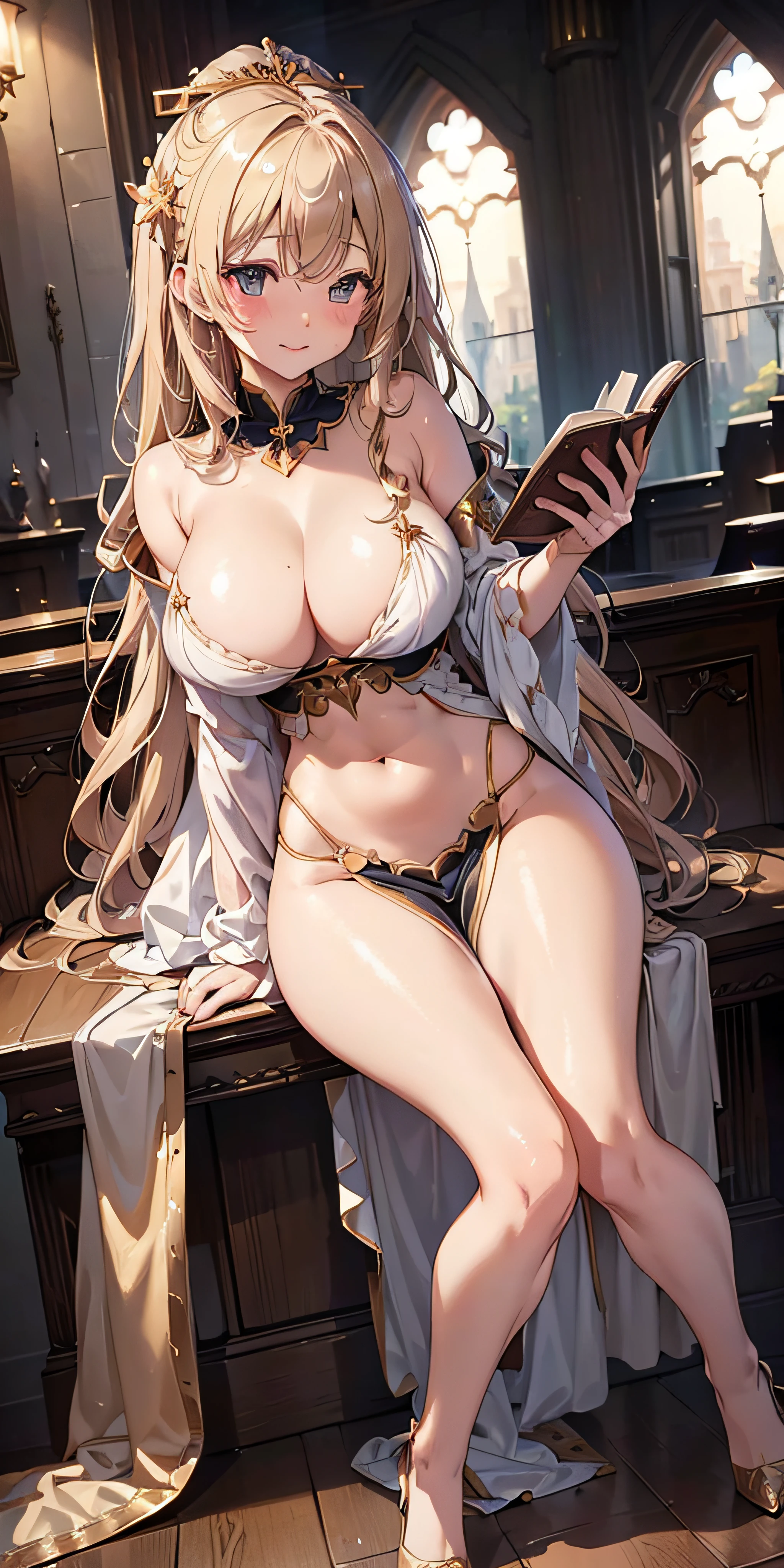 masutepiece, Best Quality,  the Extremely Detailed CG Unity 8K Wallpapers, Beauty Priestess Costume, Long dark blonde wavy hair、Gorgeous Sacred Dresses、Luxurious hair ornaments、Medium milk,  Puffy nipple、Blushing, Shy laughter, Bare shoulders、sexy hips、high-heels、Luxurious magic wand and book、Church of the castle、sexy  pose、(Poses that emphasize the buttocks)、Emphasis on the chest