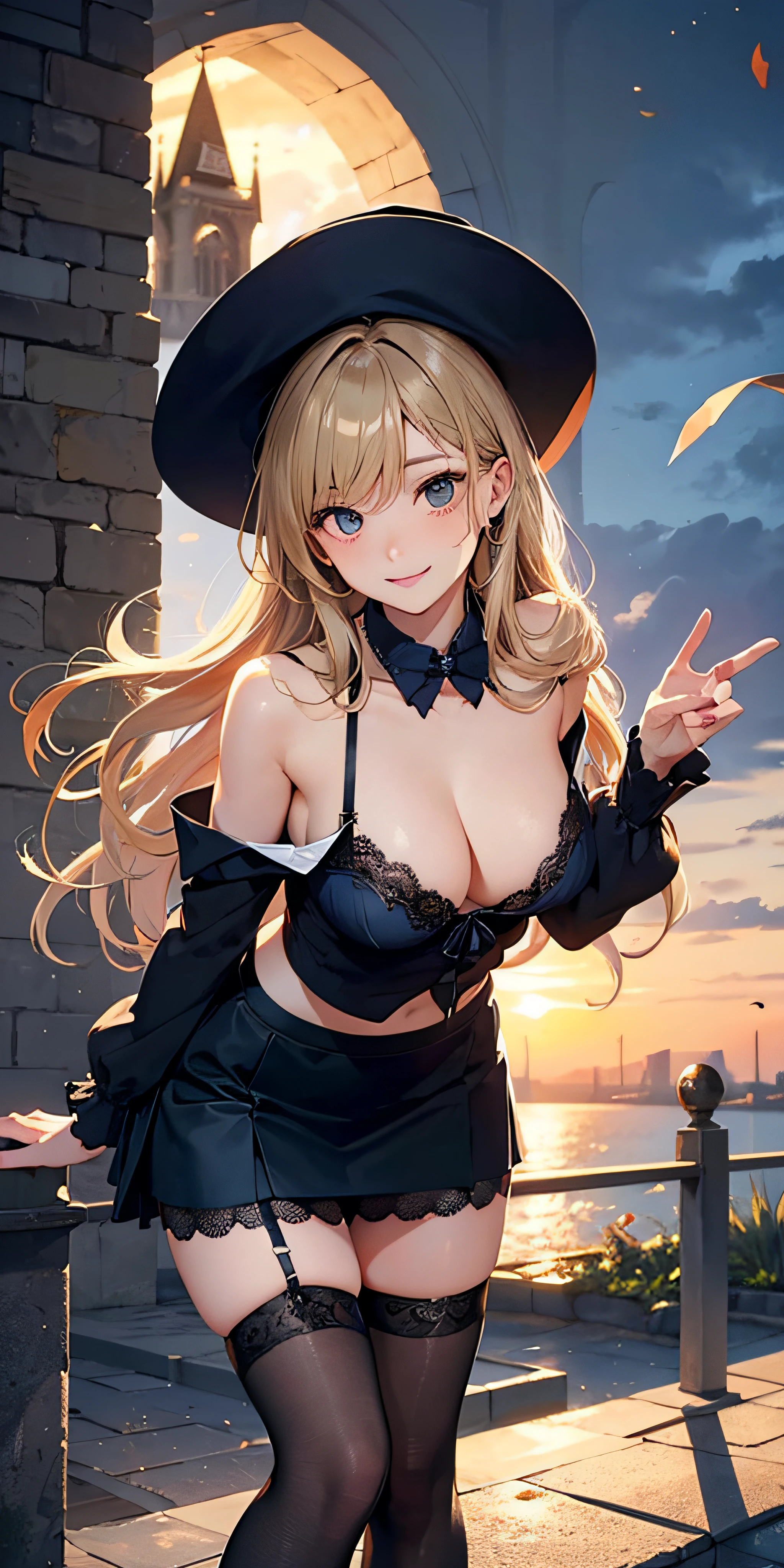Adult Woman, Sexy Witch Cosplay, Long dark blonde wavy hair、off-shoulder knit, (Dark blue skirt), Medium milk, cute smile face、Bare shoulders、(Pose to lean forward and emphasize the chest)、(turned around)、sexy hips、Black High Heels、Luxurious magic wand and book、Church of the castle、sexy pose、(((The skirt is rolled up by the wind)))、Sexy black lace panties