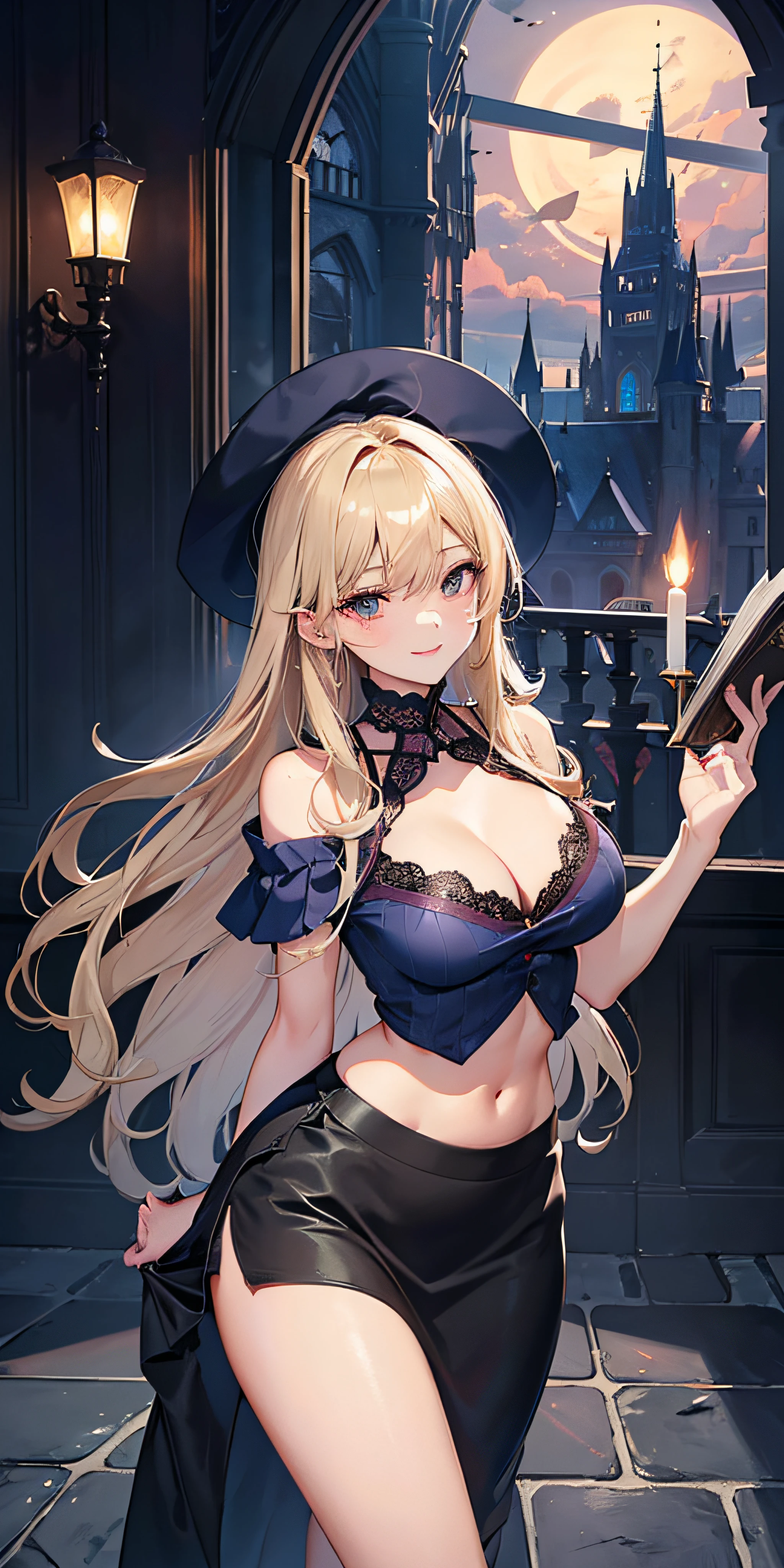 Adult Woman, Sexy Witch Cosplay, Long dark blonde wavy hair、off-shoulder knit, (Long flared skirt in dark blue), Medium milk, cute smile face、Bare shoulders、(Pose to lean forward and emphasize the chest)、(turned around)、sexy hips、Black High Heels、Luxurious magic wand and book、Church of the castle、sexy  pose、(((The skirt is rolled up by the wind)))、Sexy black lace panties、You can see all the panties