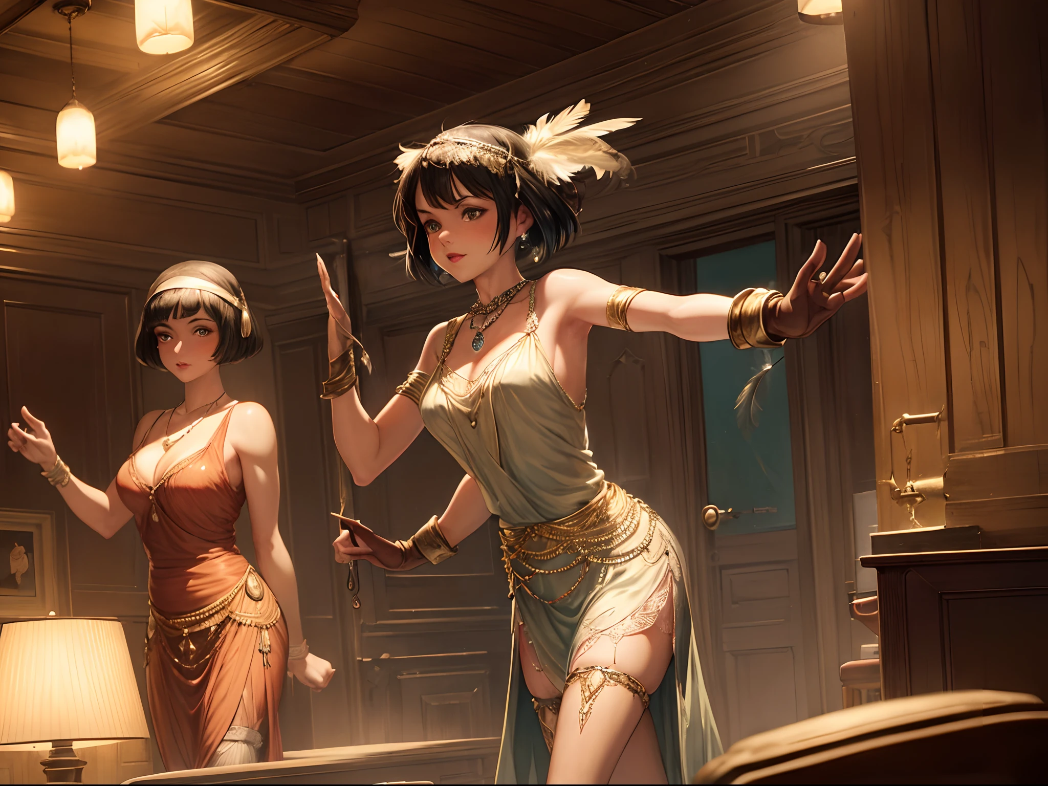 (a group of 1920s flapper girls,dancing in a speakeasy,1920s clothing and hairstyle,classic jazz music),(oil painting),(smoke-filled room,cocktail glasses,feathers,glittering jewelry),(best quality,8k resolution,HDR effect,highly detailed and realistic),(vintage aesthetics,art deco style,dynamic composition),(rich color palette,warm vintage tones),(soft and atmospheric lighting)