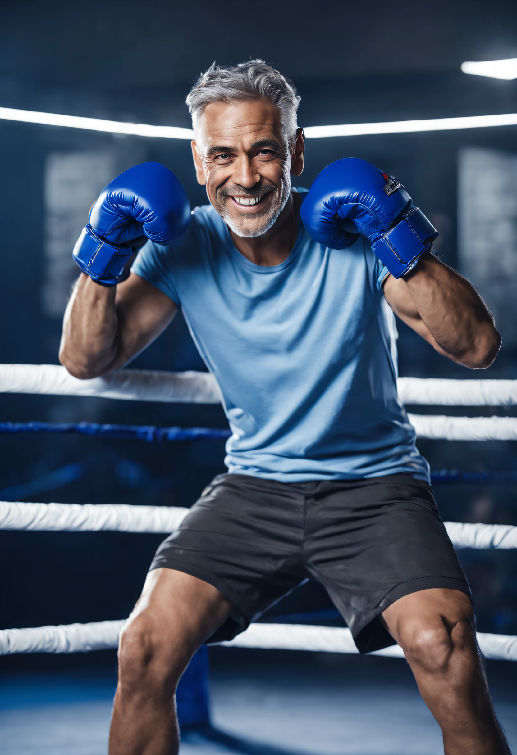 handsome boxer, 40s, gray hair, blue boxing glove, blue t-shirt, smiling face, half body, cinematic lighting, very detailed, 8k, cinematic background