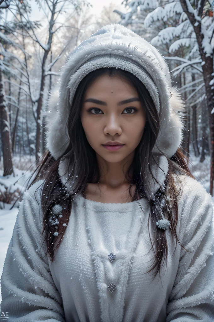 Ultra detailed digital art masterpiece, Close face portrait, beautiful mystical asian tribal hunter woman standing on a small brach high in a tree, frosty winter forest , looking down , no make up natural face , tribal claw accessories ultra detailed nordic furry hunter clothing, riding old tribal clothed hood, big realistic beautiful eyes, shiny eyes, ultra detailed atmospheric details, snow all around , beautiful face proportions, complex masterpiece, willd hair style, creative elegant glowing detailed tattoos, snow strom special effects, complex physics, enhanced colors, complimentary colors, ultra detailed raytracing reflections, assassin pose , concentrated mimic, realistic positions, Ultra detailed primal autumn forest background, windy, snow storm, frosty glazed hairs, by BoneAge