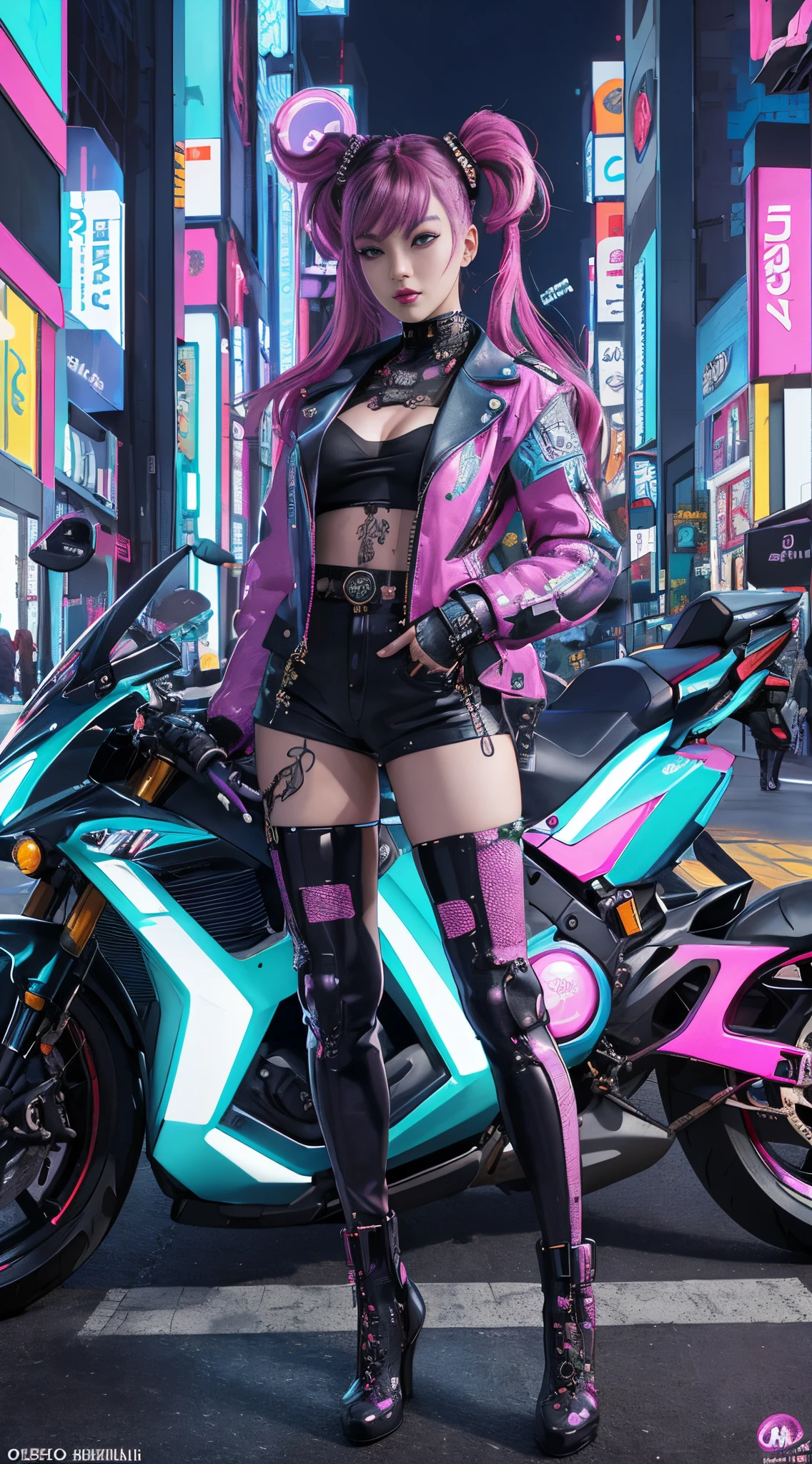 masterpiece, best quality, Confident cyberpunk girl, full body shot, ((standing in front of motorcycle)), Harajuku-inspired pop outfit, bold colors and patterns, eye-catching accessories, trendy and innovative hairstyle, vibrant makeup, Cyberpunk dazzling cityscape, skyscrapers, neon signs, LED lights, bright and vivid color scheme, anime, illustration, detailed skin texture, detailed cloth texture, beautiful detailed face, intricate details, ultra detailed.