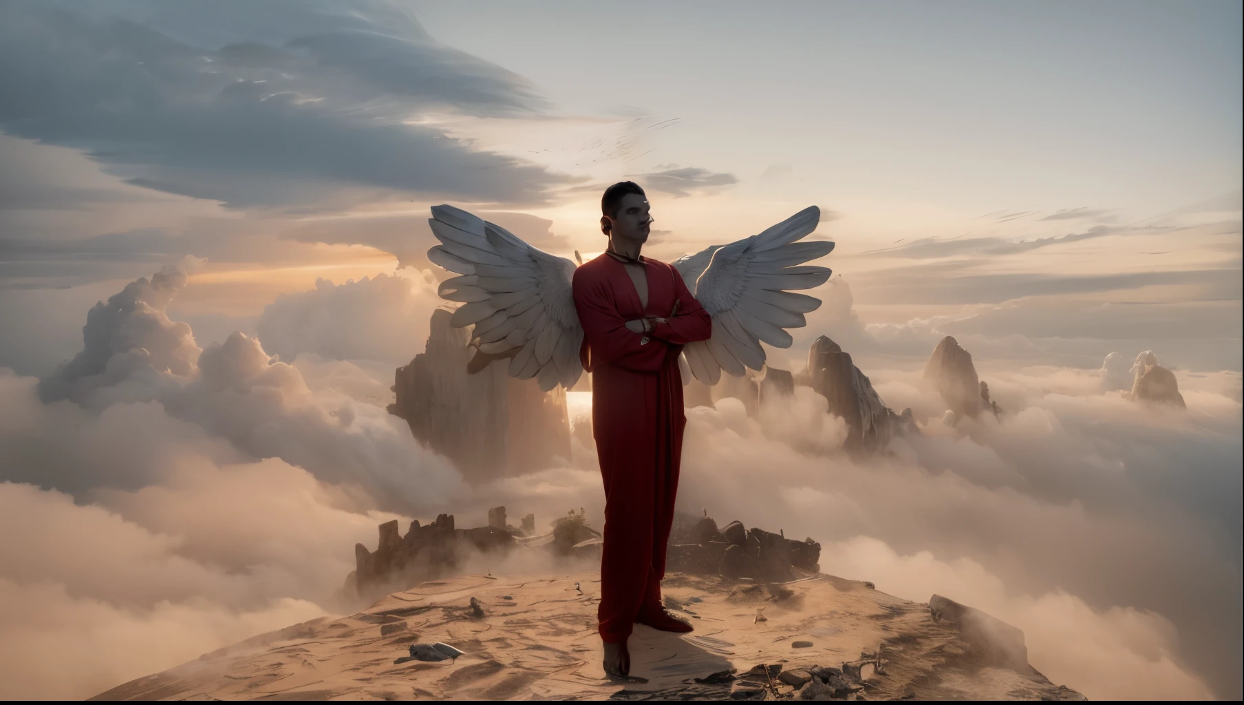 there is a man in a red robe with wings standing on a hill, totalitarian socialist angel, humano alado, anjo protegendo o homem, wings growing out of arms, wings are clouds of darkness, Anjo com asas pretas, huge wings growing out of arms, para compreender o inferno ou ir angelical, Anjo no inferno, asas de anjo grande bem abertas, lord of change, menino alado