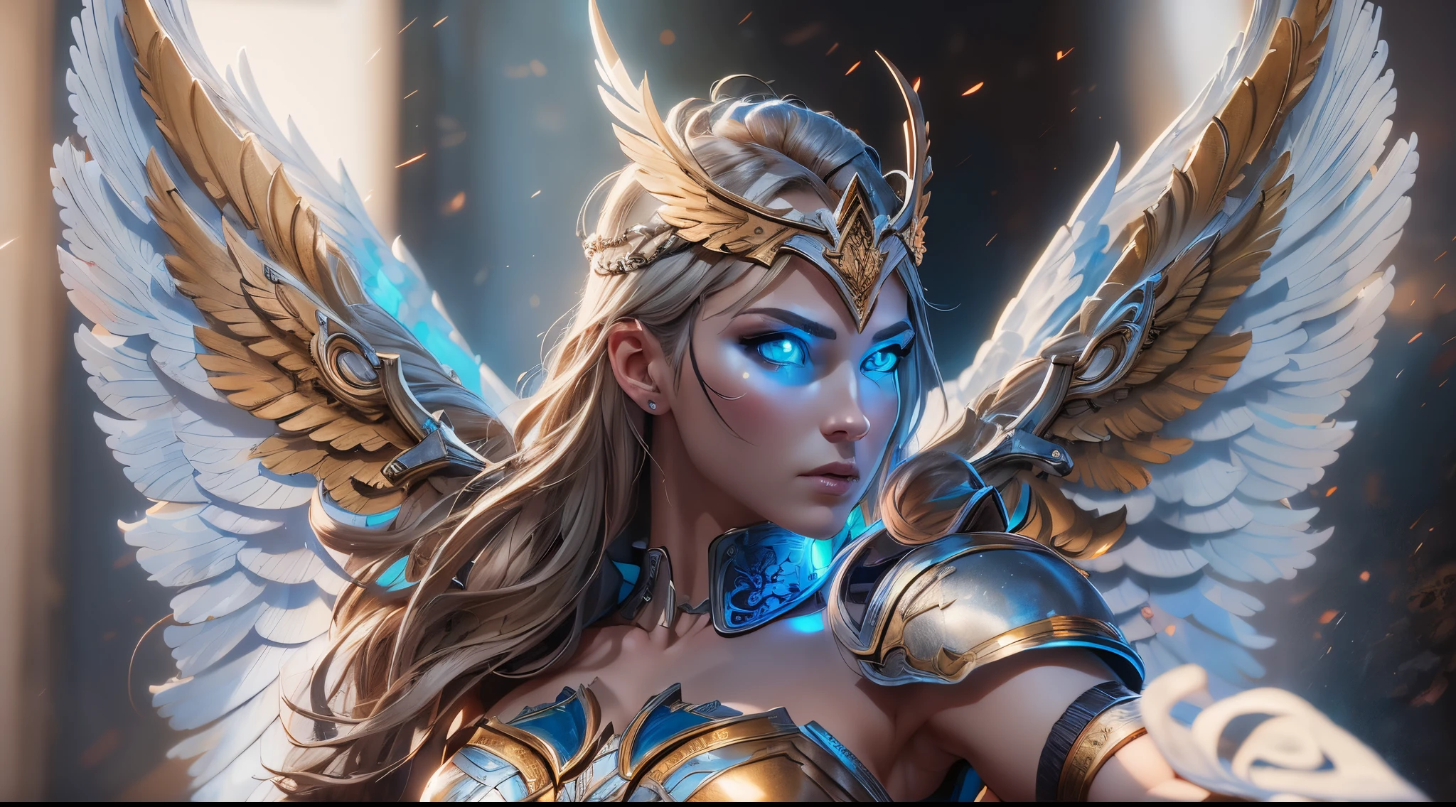 Flying valkyrie with sword in spot of light. Detailed goddess face, detailed blue eyes, beautiful body, angelic wings, long legs. Dynamic pose, Full body, medium range, wide angle, centered, epic aura ,ultra detailed, detailed gorgeous, smooth, ultra high definition, 16k, unreal engine 5, ultra sharp focus, intricate artwork masterpiece, ominous, intricate, epic, vibrant, production cinematic character render, ultra high quality model, super realistic