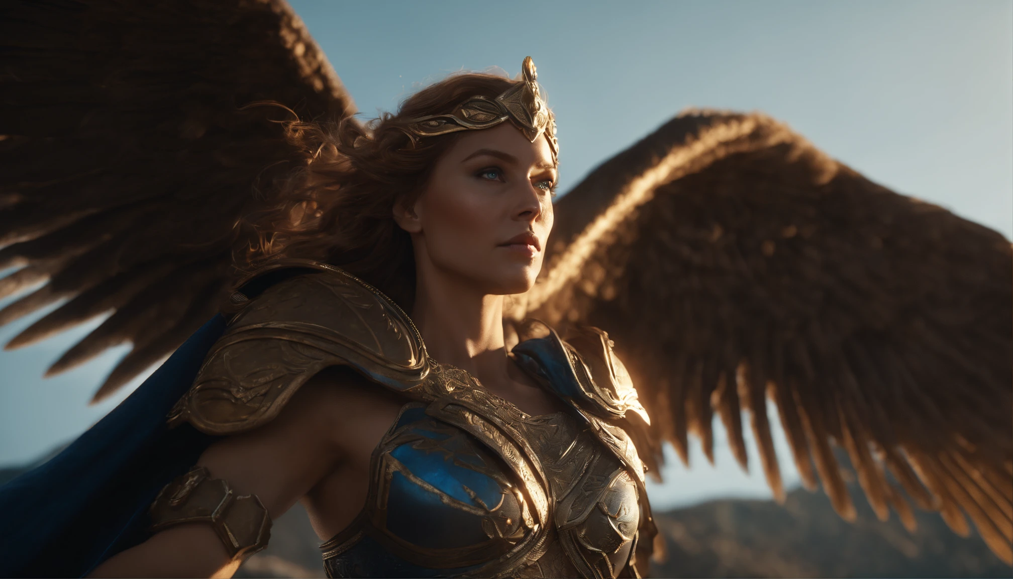 Flying valkyrie with sword in spot of light. Detailed goddess face, detailed blue eyes, beautiful body, angelic wings, long legs. Dynamic pose, Full body, medium range, wide angle, centered, epic aura ,ultra detailed, detailed gorgeous, smooth, ultra high definition, 16k, unreal engine 5, ultra sharp focus, intricate artwork masterpiece, ominous, intricate, epic, vibrant, production cinematic character render, ultra high quality model, super realistic