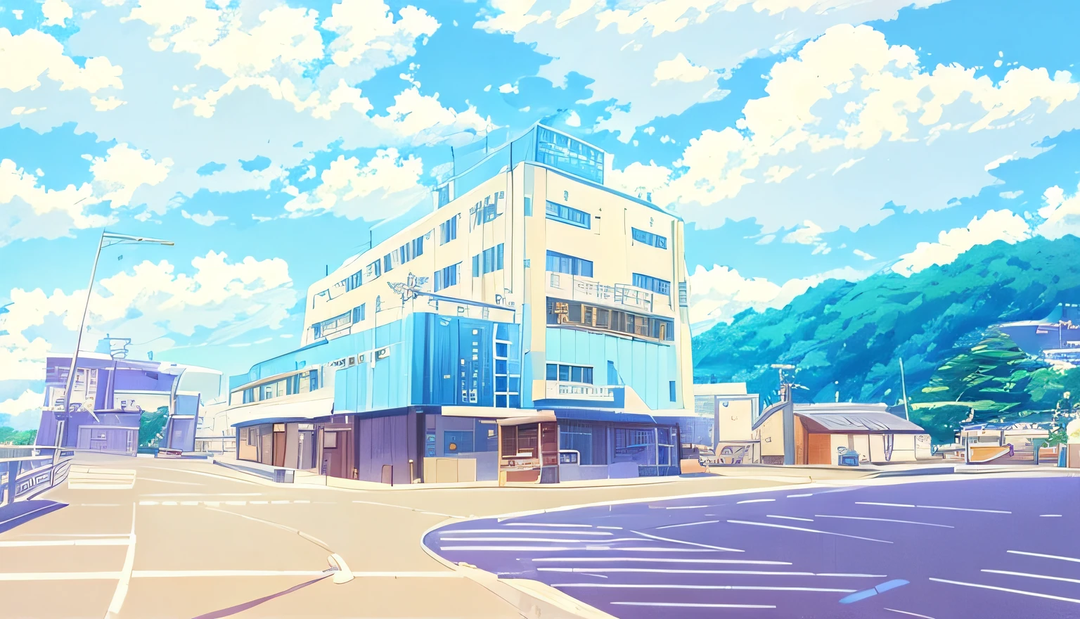 anime - style picture of a building with a lot of windows and a sky background, studio glibly makoto shinkai, style of makoto shinkai, in style of makoto shinkai, anime scenery, style of madhouse studio anime, in style of kyoto animation, kyoto animation studio, makoto shinkai style