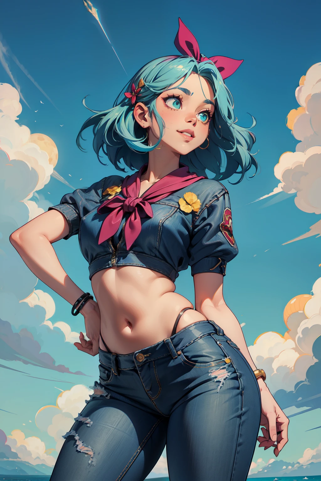 (masterpiece, best quality:1.2), cowboy shot, solo, 1girl, tatsumaki, unamused, closed mouth, looking at viewer, crossed arms, black dress, blue sky, clouds, POV , upskirt, skirt lift, point of view from below, thong V-String, Lifting her clothes you can see her micro thong, micro thong