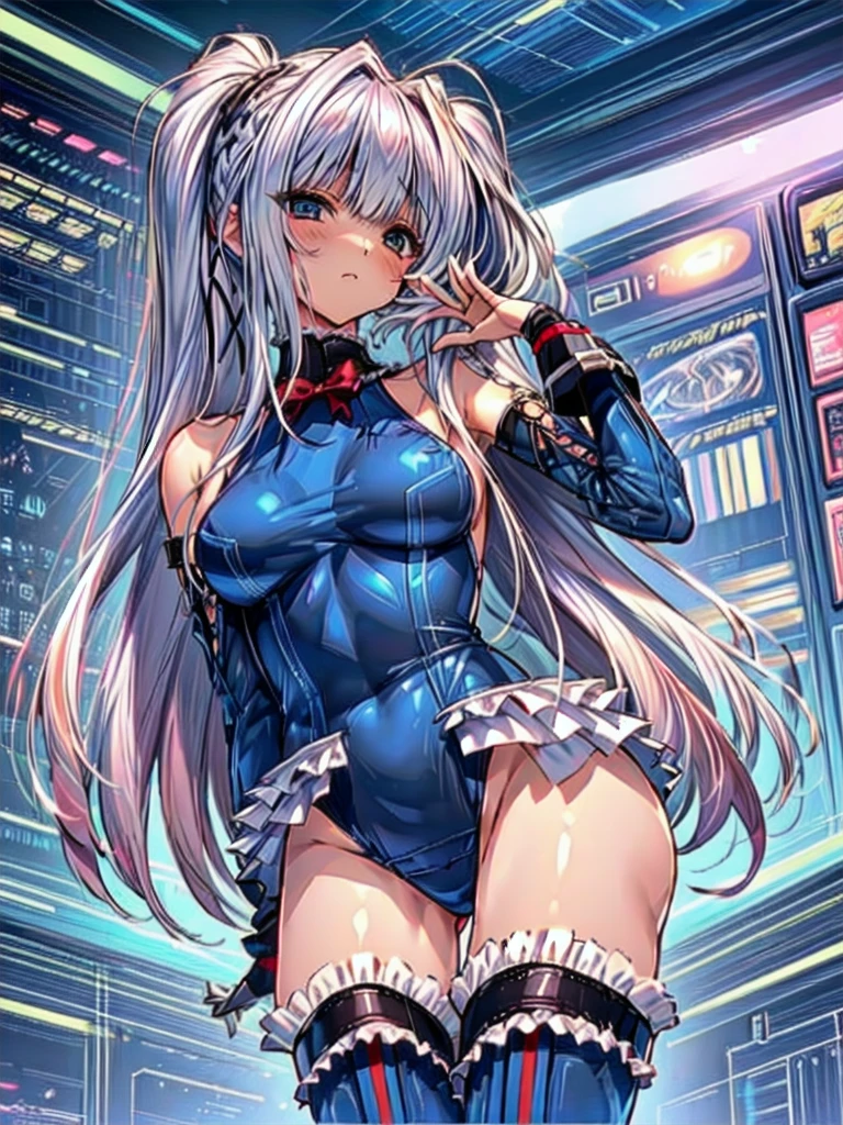 (1girl in：1.2, ( (digital) ( (Inside the base lined with futuristic culture tanks:1.2), medium breasts, (fril swimsuit, thighs thighs thighs thighs, Detached sleeves)) , Best Quality, marierose,、Hypnorola
Eyes in the sky、1girl in,Emotionless facial expressions,hands and feet tied to machines