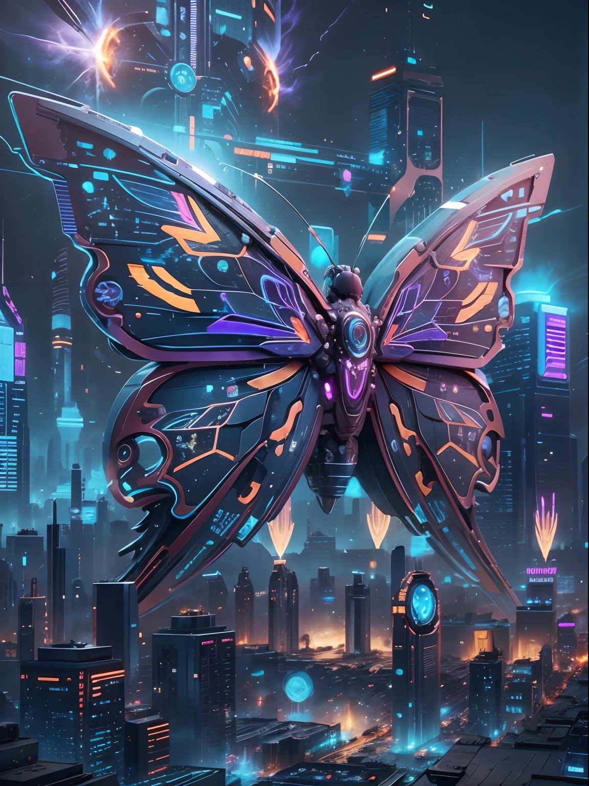 CircuitBoardAI butterfly close-up，The background is lightning, radiated butterfly,  butterfly in starry sky，Futuristic sci-fi butterfly, futuristic urban background，4K Highly Detailed Magical Digital Art, Highly detailed fantasy digital artwork, Epic surrealist digital art illustrations, High detail digital art, Beautiful digital artwork, stunning digital art, 4k detailed digital art, Hot topics on artstation 4k, 3 d epic illustrations