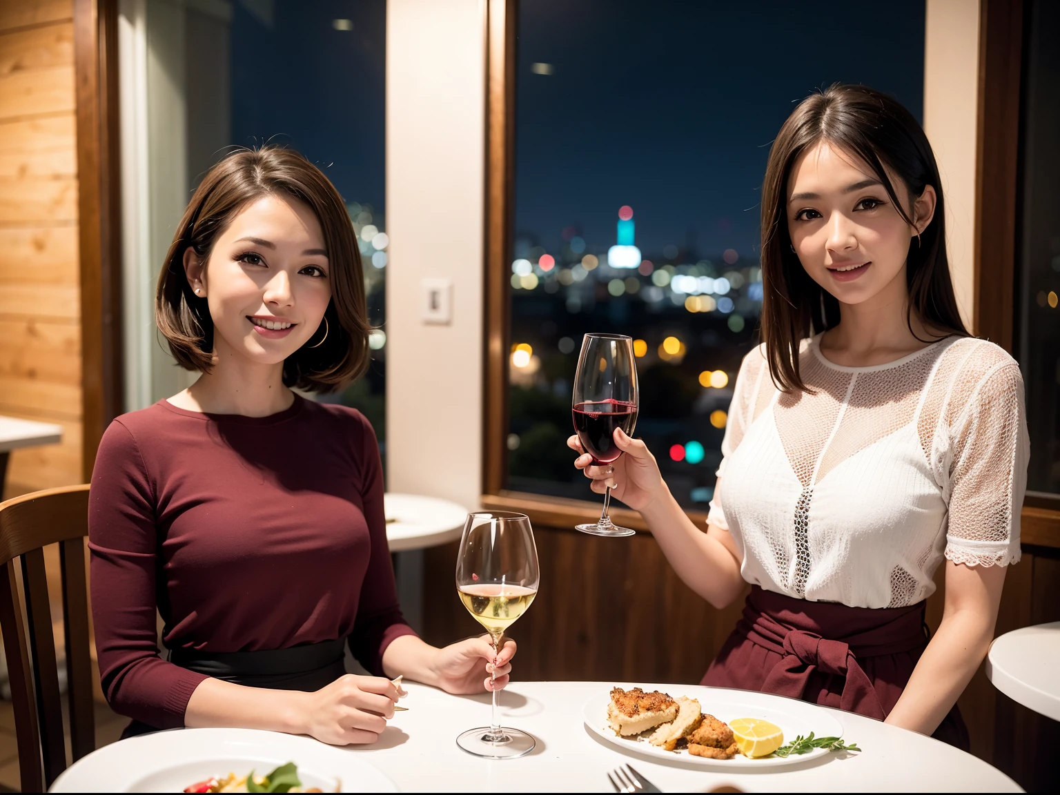 ((Highest quality、8K、masterpiece:1.3))、1 male 1 female、Satomi Ishihara、Beautiful couple、smile、full-course dinner、 (Slim face), (the body is スリム), (Brown Hair), (Shortcuts), ((Bob Hale、Straight hair:1.2)), テーブルの上のwine glass、Put the light on your face、 Amazing view of the sunset sky and clouds、smileの美しさ、Bright image、Blushing, Shortcuts, (43 years old), 39 years old, Appetizers、Italian food、Wine bottle、Champagne、sparkling wine、Long sleeve shirt、dress、Attractive beauty、restaurant, Nova Frog Style, actress, model, Upper Body, White wine, red wine, wine glass, 