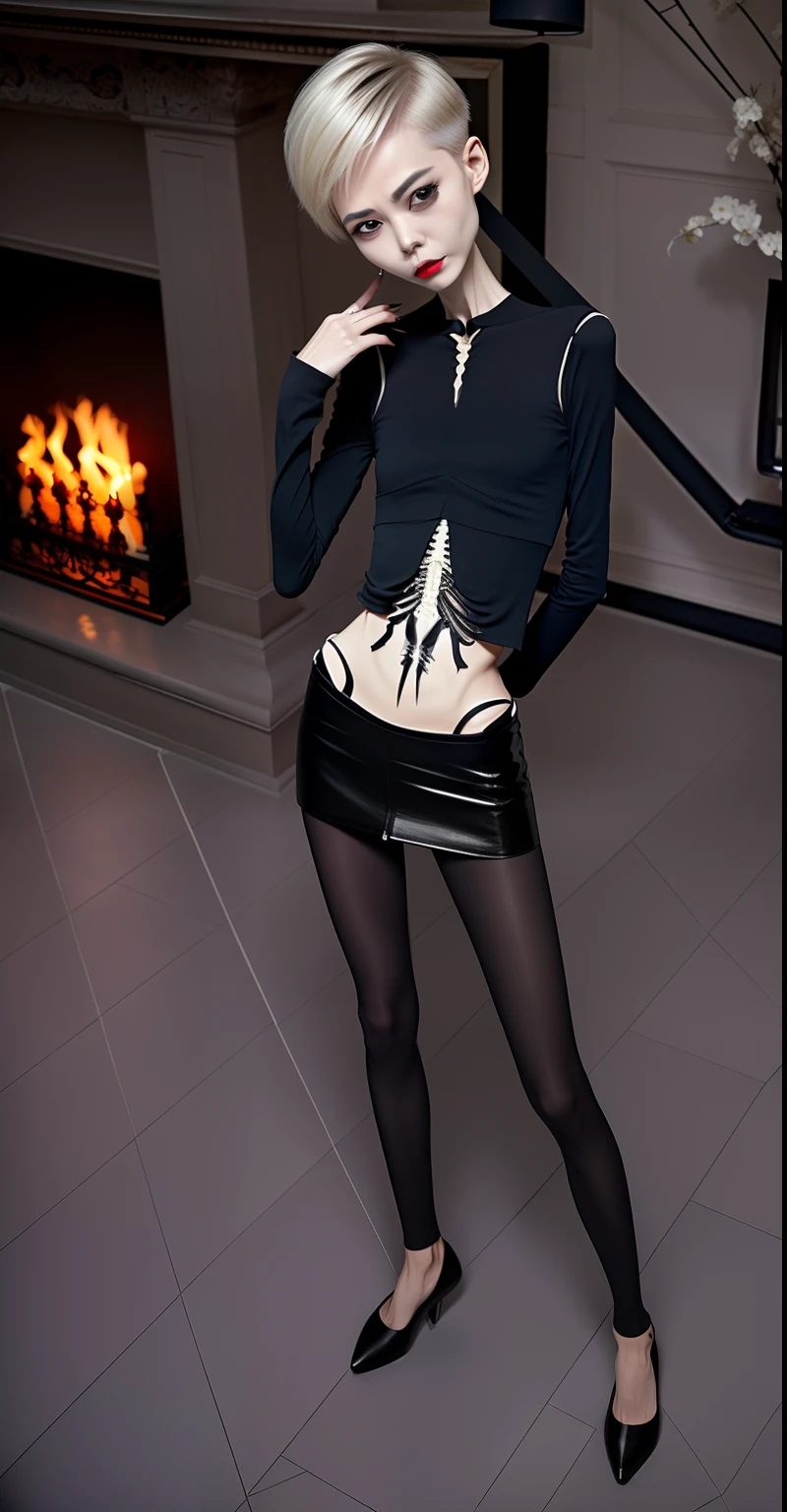 extremely thin woman, A thin body,Protruding sternum,The waist is very thin,The ribs are noticeable,Protruding ribs,The pelvic protrusion is very obvious,The pelvis is markedly elevated,White skin of the,thin shoulde,The waist is very thin,extremely thin,Sunken abdomen,Delicate arms,skin and bones,Short hair details and face shape,Wear a tight leather skirt,Asia face,Body as thin as a skeleton,angry look,weeping,Face becomes thinner,Severe malnutrition