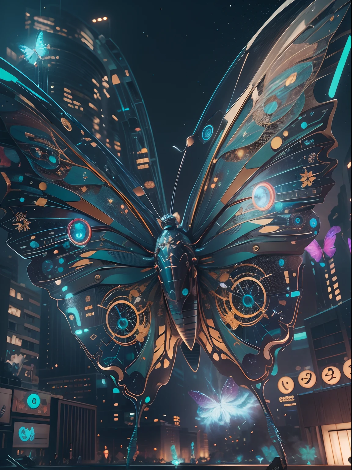 CircuitBoardAI butterfly close-up，The background is lightning, radiated butterfly,  butterfly in starry sky，Futuristic sci-fi butterfly, futuristic urban background，4K Highly Detailed Magical Digital Art, Highly detailed fantasy digital artwork, Epic surrealist digital art illustrations, High detail digital art, Beautiful digital artwork, stunning digital art, 4k detailed digital art, Hot topics on artstation 4k, 3 d epic illustrations