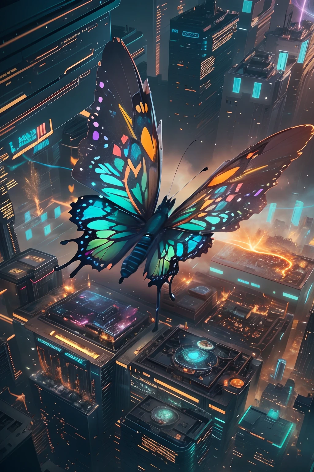 CircuitBoardAI butterfly close-up，The background is lightning, radiated butterfly,  butterfly in starry sky，Futuristic sci-fi butterfly, futuristic urban background，4K Highly Detailed Magical Digital Art, Highly detailed fantasy digital artwork, Epic surrealist digital art illustrations, High detail digital art, Beautiful digital artwork, stunning digital art, 4k detailed digital art, Hot topics on artstation 4k, 3 d epic illustrations