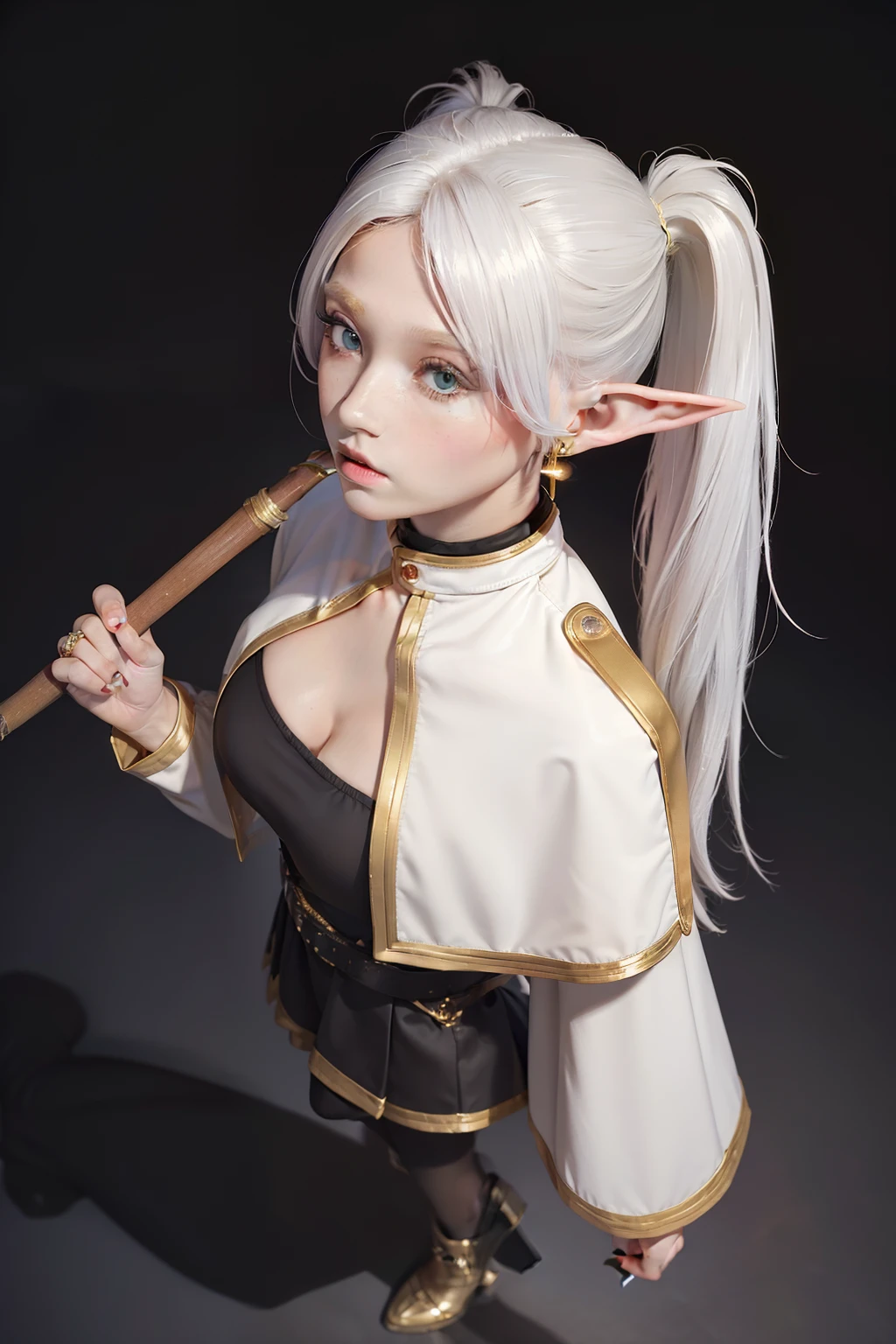 ((masterpiece, best quality, ultra-detailed, ultra-HD, photorealistic, cinematic)), ((alluring female model as Frieren)), (petite, female Elf with green eyes and long white hair tied into two pigtails), (large, pointed ears), voluptuous body, perfect body, sexy body, perfect face, perfect hands, (medium-size breasts), round ass, long round legs, (wears a striped black and white shirt, along with a white jacket with gold embellishments tucked into a matching skirt with a black belt), (over her jacket, she wears a short white and gold cape with a high collar), (wide shot, full body view, from above:1.5), (wears black leggings and brown boots, and a pair of gold and red earrings), (gradient background:1.2), (sensual pose:1.2), (holding a magic staff)