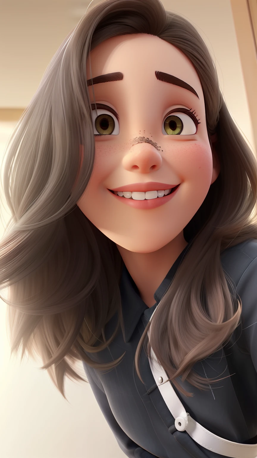 There is a white, mulher morena, cabelo castanho, olhos castanhos, cabelos soltos, sorridente, camisa preta, sem sardas