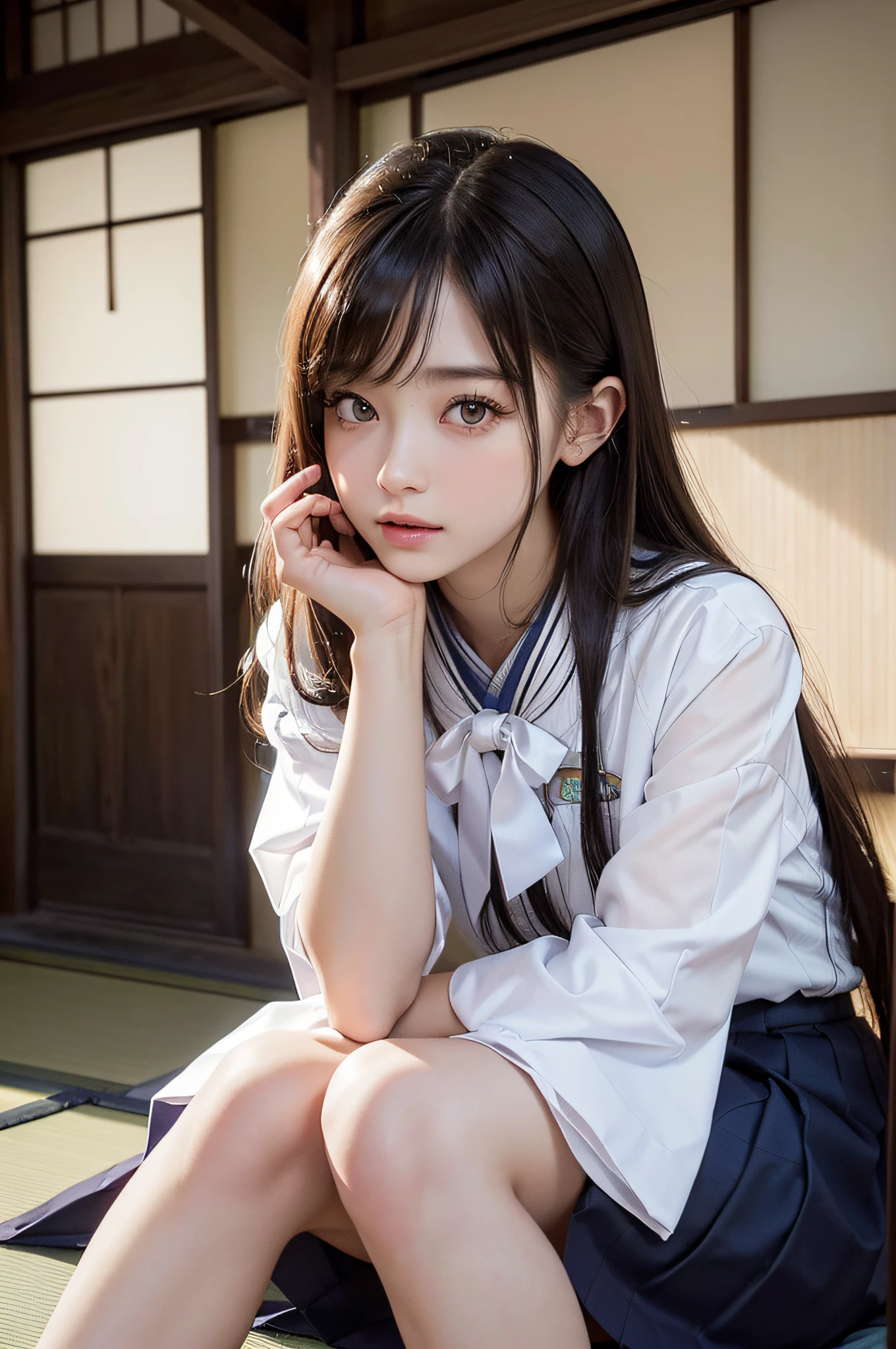 (Raw photo:1.2), (Photottorial,:1.4), a beautiful detailed girl, extremely detailed eye and face, beatiful detailed eyes, Ridiculous, unbelievable Ridiculous, huge filesize, ultra-detailliert, hight resolution, ighly detailed, best qualtiy, masuter piece, , Kemomimi, ((Japan Girls' High School Uniform)),, ighly detailed, UHQ, unification, 8k wallpaper, magnifica, finely detail, masuter piece,, best qualtiy, Highly detailed UHQ uniform 8k wallpaper, Light on the face、电影灯光、 girl、((dynamicposes))、(half)、(panthyhose、、、、)、(Sit on your legs with your knees bent))、shorth hair、long neck、Put your ears out、bangss、big eye、Lashes、cute little、a very cute