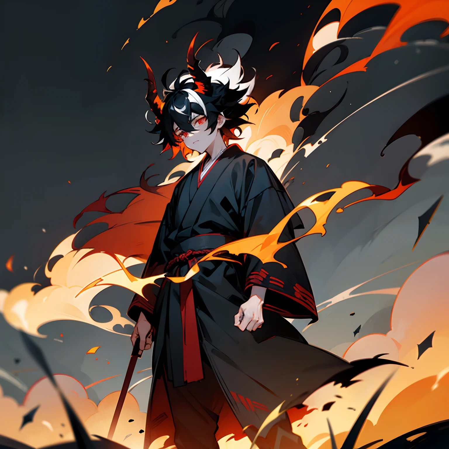 1male , Multicolored white and black hair , messy hair , white and black hair , Black and Grey Haori , Fiery Background , Burning Village Background, Standing infront of a burning village , Demon Horns , Somber Expression , adult male
