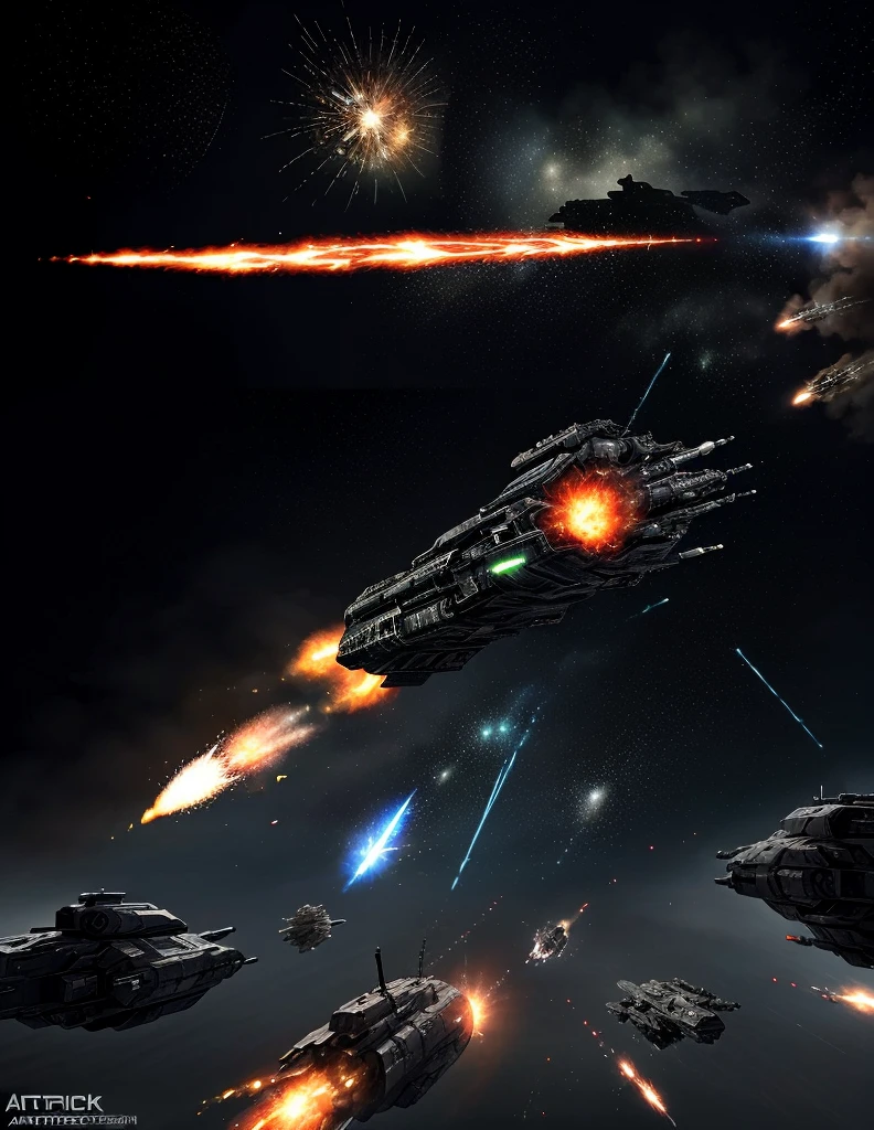 The blockade runner's main weapon charges up, its energy crackling and pulsing with anticipation as it prepares to unleash its devastating power on the unsuspecting enemy fleet. Epic space battle, scifi, trending on Artstation. exploding ships in the background, ships everywhere firing