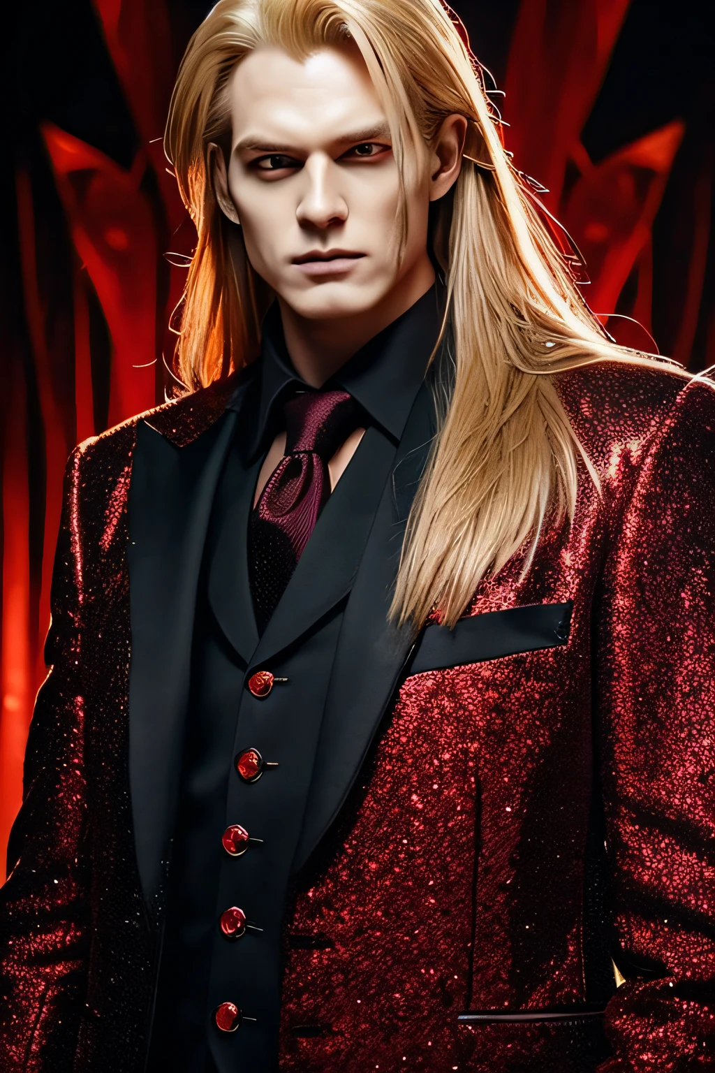 Only one man, Very handsome man, Golden hair in a long hairstyle, Red Eyes, Wearing a black suit and black wings, Vampire atmosphere