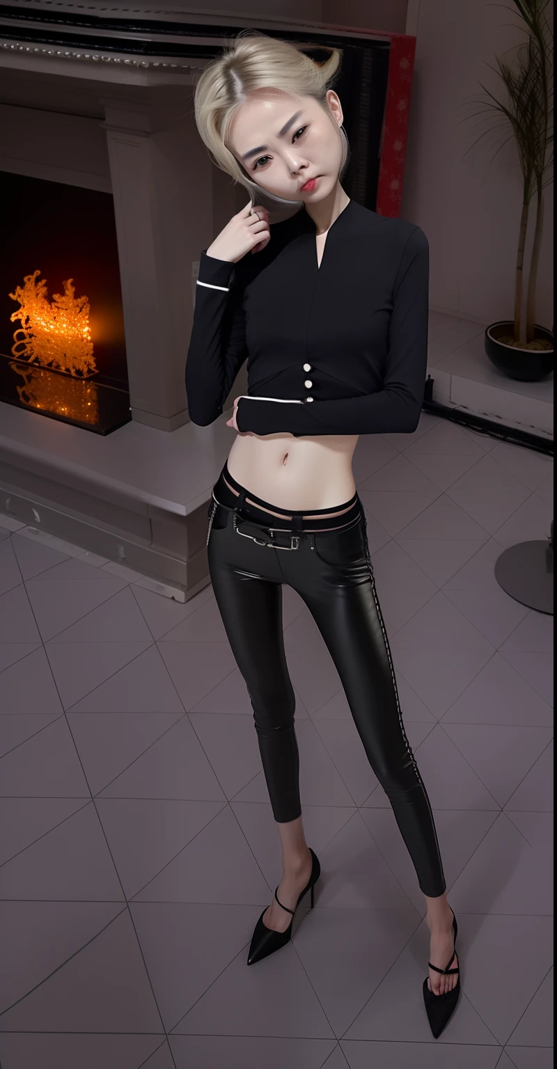 extremely thin woman, A thin body，Protruding sternum，The waist is very thin，The ribs are noticeable，Protruding ribs，The pelvic protrusion is very obvious，The pelvis is markedly elevated，White skin of the，thin shoulde，The waist is very thin，Sunken abdomen，Delicate arms，The lower abdomen is depressed，short detailed hair，Wear tight leather pants，Asia face，extremely thin，angry look，Excessive weight loss，weeping，Face becomes thinner，Severe malnutrition，Weak women