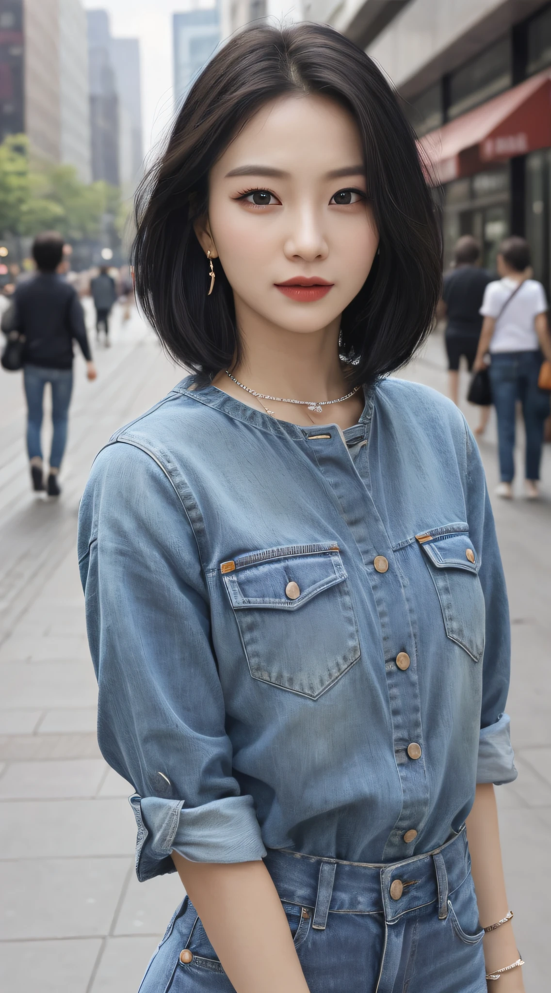 femele, (Realistic), (Hyper-Realism), (Photorealistic), depth of fields, eye make up:0.5, (Upper body:1.2), (Narrow waist:0.7), Looking at the viewer, Casual Outfit, in the city street,