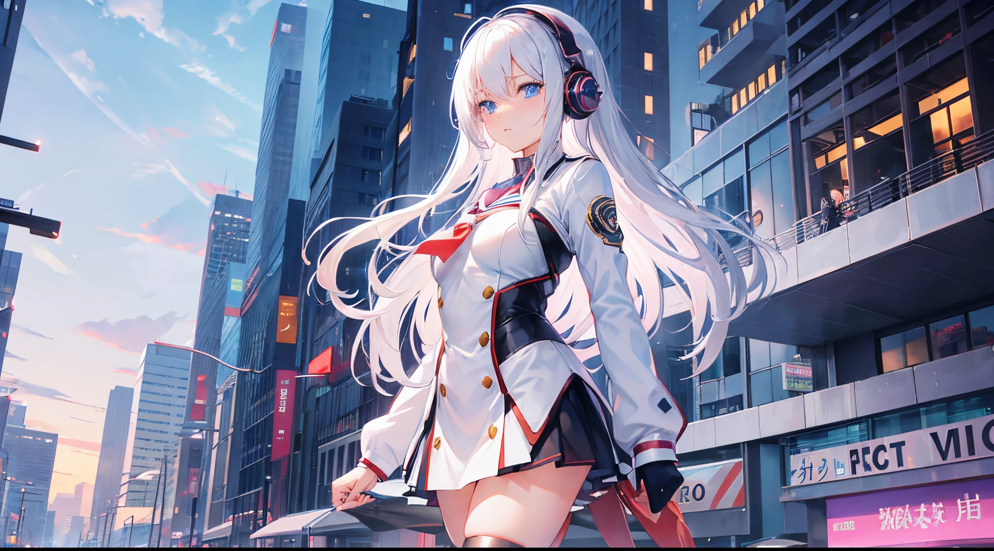 "animemanga girl, 1人, silvery white hair, eBlue eyes, with headphones on, Blouse, Girls' school uniform, Smaller breasts, Hand on chin, tightsuit, Stand cross-legged, Lick lip, Side view, (Full HD 4K+ Image of a)"，City square background，looking at viewert，The upper part of the body，upper legs，stocklings