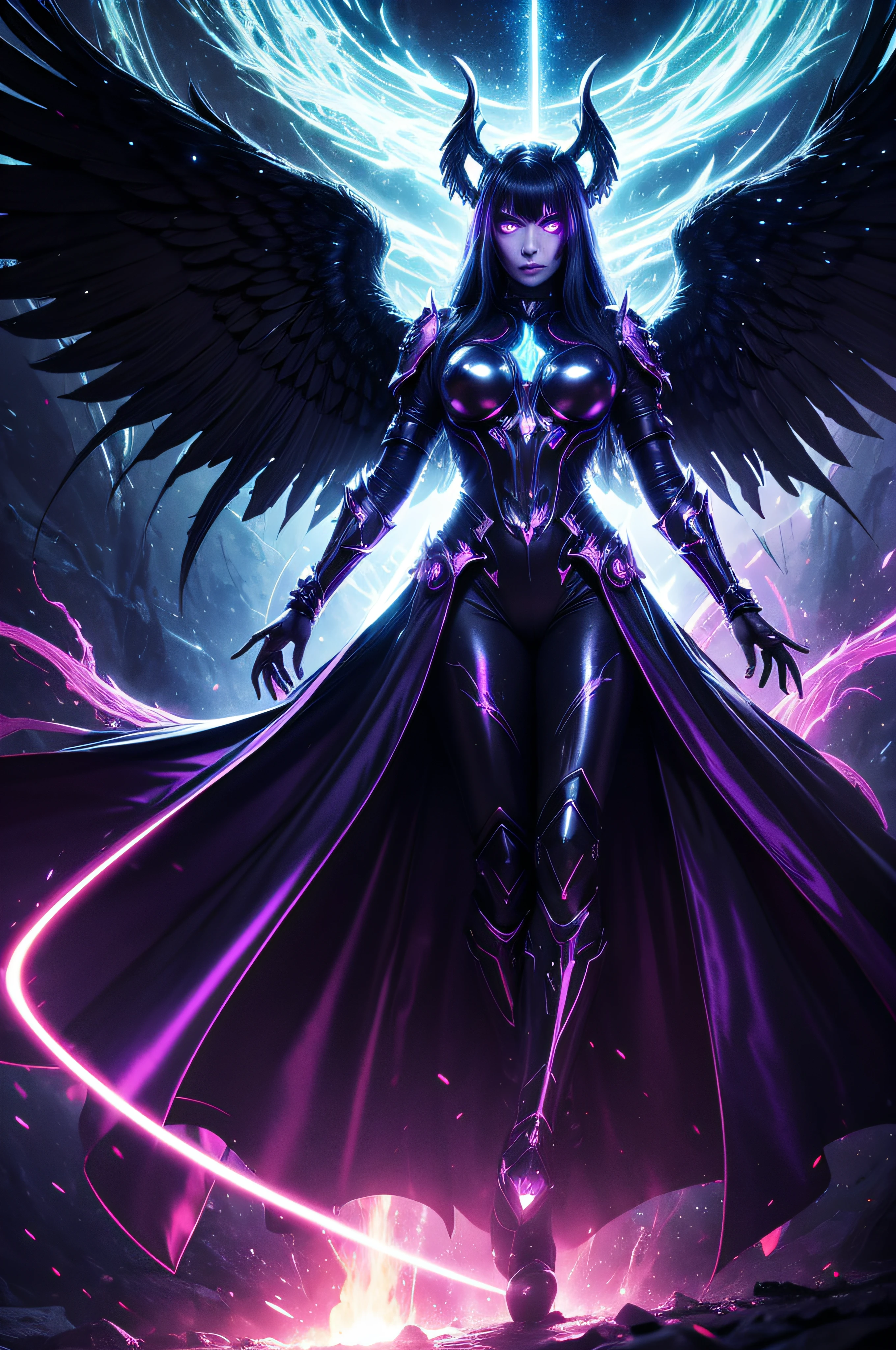 Cosmic Fallen Angel, Glowing light eyes, Dark fentezi, Neo-rendering,eldritch, Creepy, nightmarish, Very bright colors, light particles, with luminous light, Mshiff, Wallpaper Art, UHD wallpaper, slaanesh, seductive