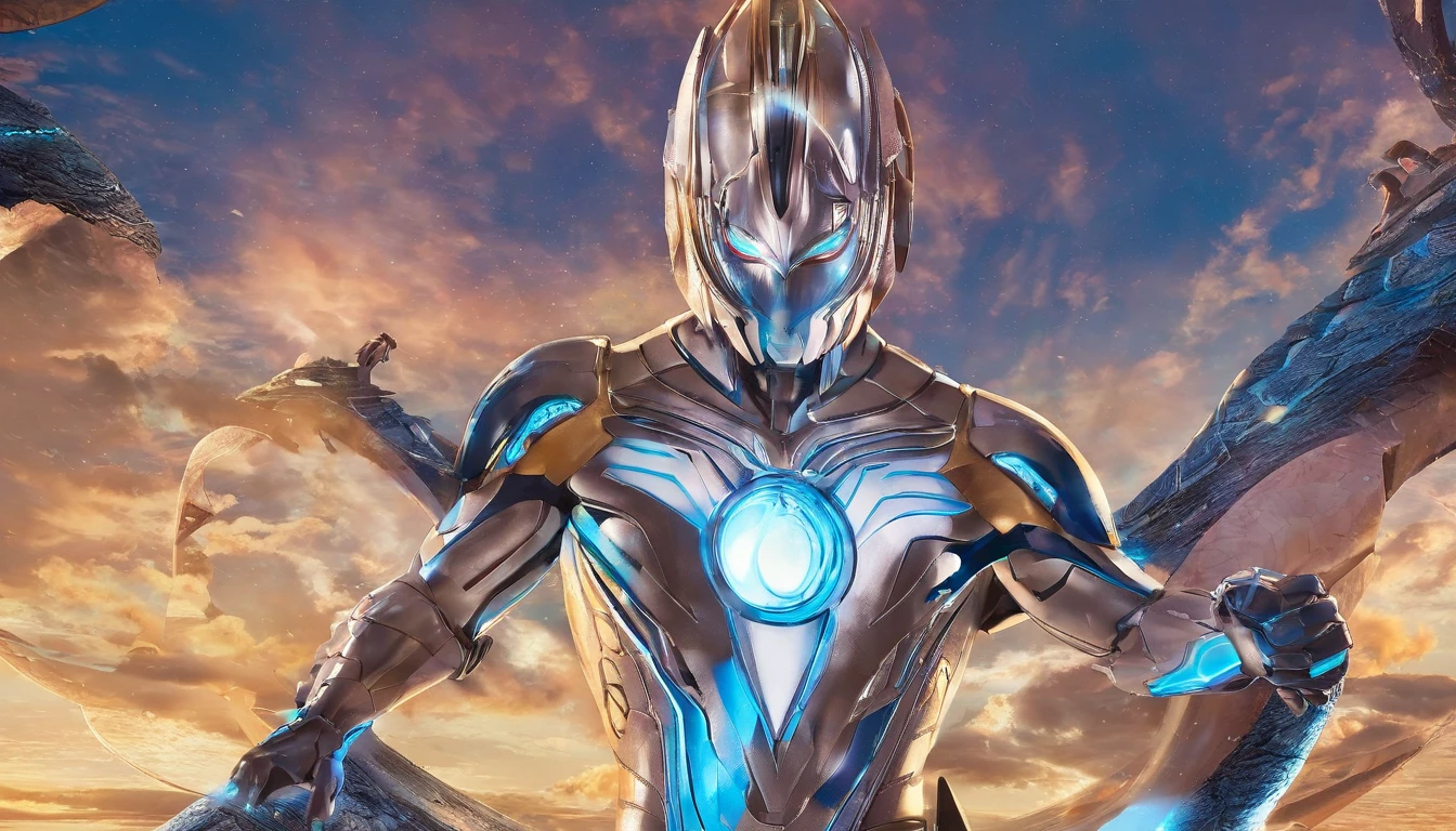 [ Amazing | astounding | delicated ] [Visually inspect the audience]Ultraman&#39;s character statue ， （Best quality， tmasterpiece）， 1人， looking at viewert，lightwave ， City smoke background， upper part of body， Contemporary，Cyan Blue Ultraman Tiga Color Color。[dot paper effect]，Ultra-clear image quality，32K，long-focus。