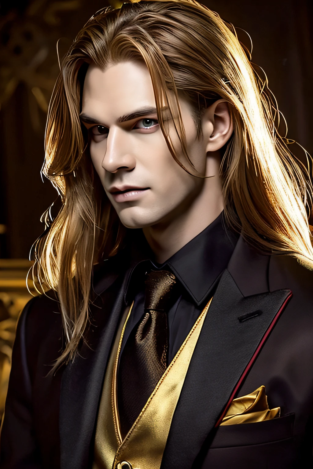 Only one man, Very handsome man, Golden hair in a long hairstyle, Red Eyes, Wearing a black suit and black wings, Vampire atmosphere