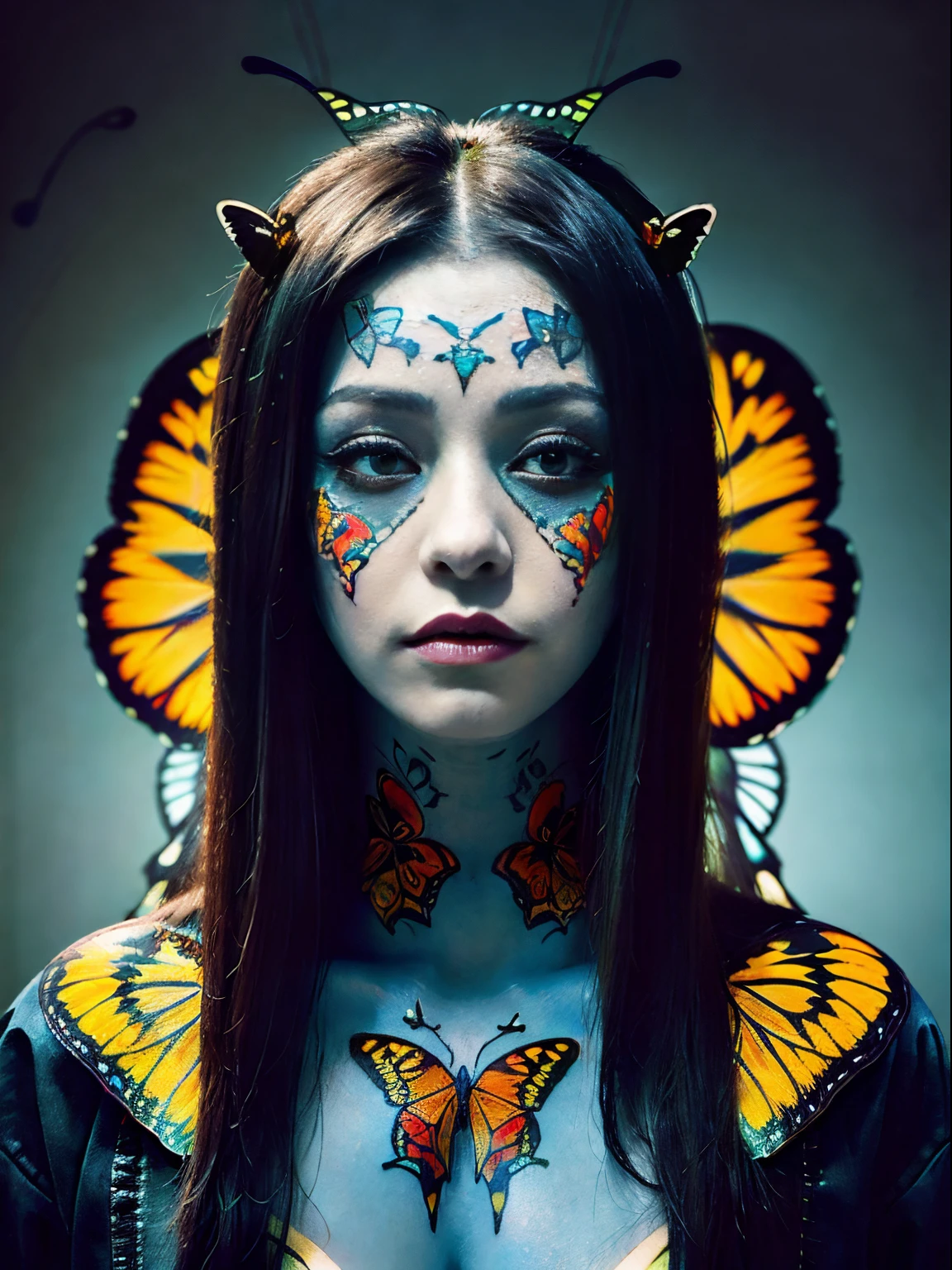 a beautiful  woman&#39;Face covered with butterfly tattoos，(colorful butterfly tattoo:1.3) ， tattoos inspired by movies《The Silence of the Lambs》poster for，Surreal，terror，Thriller，3 Rendering，Wonderful and magical