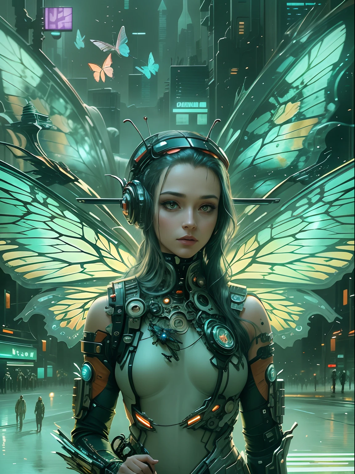 Translucent ethereal mechanical butterfly，The future king of butterflies，Mechanical wings，futuristic urban background，Beautiful sci-fi art, Sci-fi digital art illustration, Digital Cyberpunk Art, science fiction digital painting, futuristic digital painting, futuristic concept art, in front of a sci fi cityscape, science fiction digital art, Advanced digital cyberpunk art, Magical cyberpunk butterfly