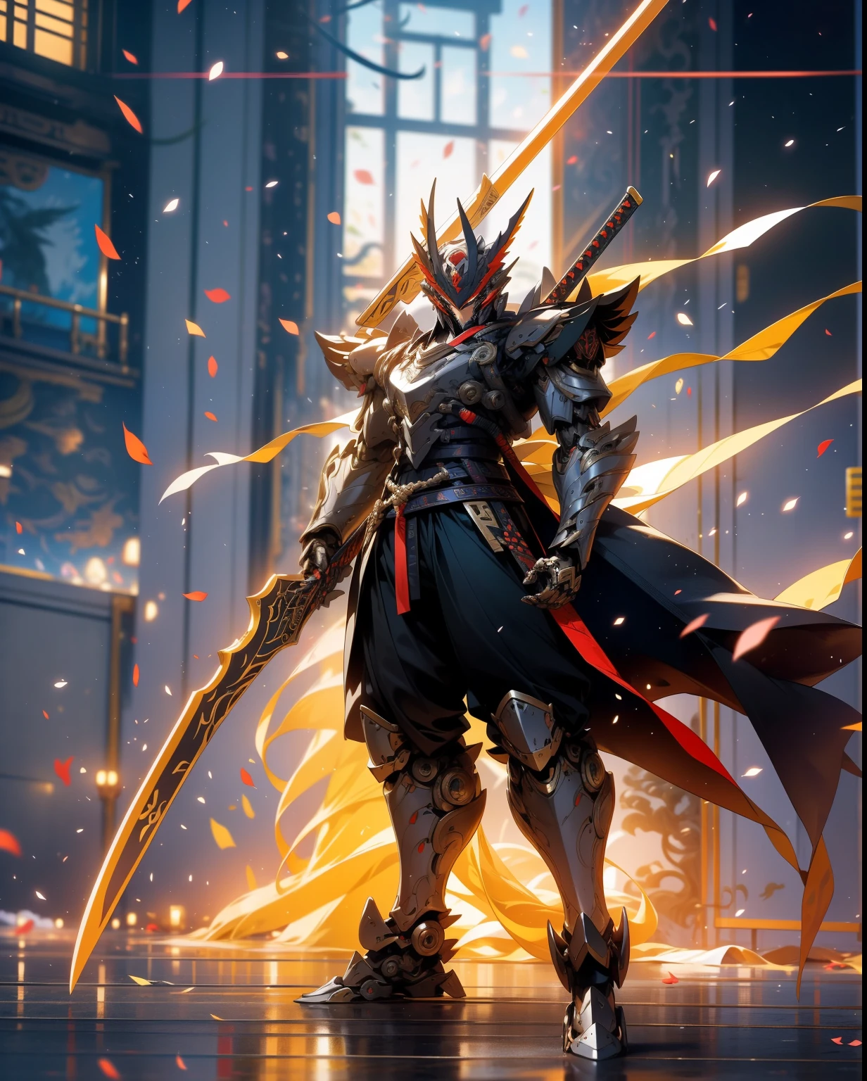 super wide shot, Full body frontal photo,Mecha male warrior，The heroic demeanor of the Three Kingdoms,《Mech color: Red and dark series》，（《Romance of the Three Kingdoms》，《Lü Bu》，Holding Fang Tian's halberd in his hand，），（Full body mecha）, Keqing from Genshin Impact, (Masterpiece) ， The best quality， High quality，Gold armor，电影灯光， （Exquisite future）， Beautiful and beautiful， Ultra detailed， great composition， Floating， Depth of field， （Very detailed CG，Unity 8k壁纸）， （Beautiful detail background）， dramatic lights， GOGETTA， Mecha，best qualtiy，Ultra-high 8K Ultra HD，digital SLR camera，high qulity，Film grain resolution，