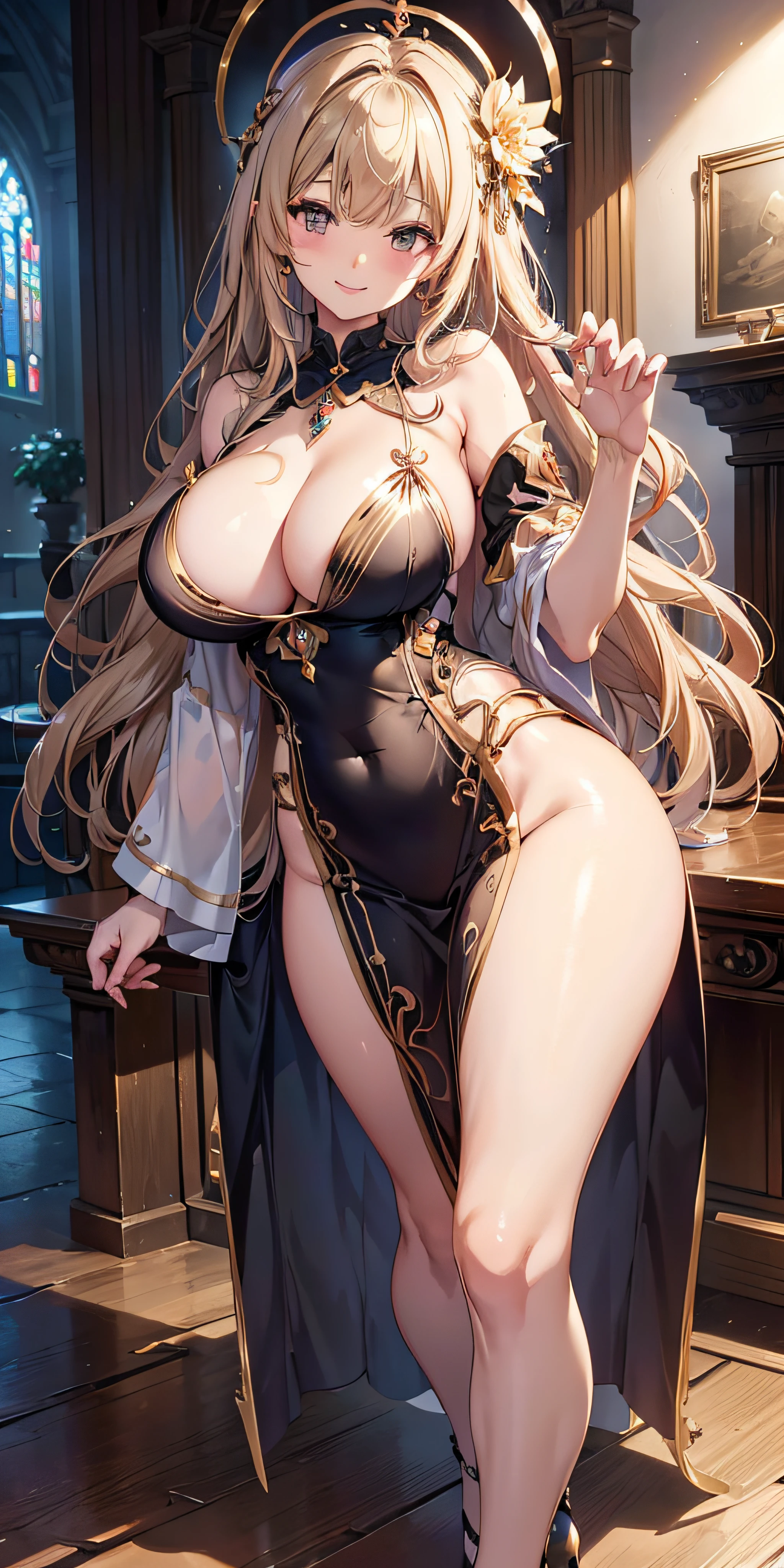 masutepiece, Best Quality, the Extremely Detailed CG Unity 8K Wallpapers, Beauty Priestess Costume, Long dark blonde wavy hair、gorgeous dress、One-piece flared skirt、Luxurious hair ornaments、Medium milk, Puffy nipple、cute smile face、Bare shoulders、sexy hips、high-heels、Luxurious magic wand and book、Church of the castle、sexy pose、(Poses that emphasize the buttocks)、Emphasis on the chest