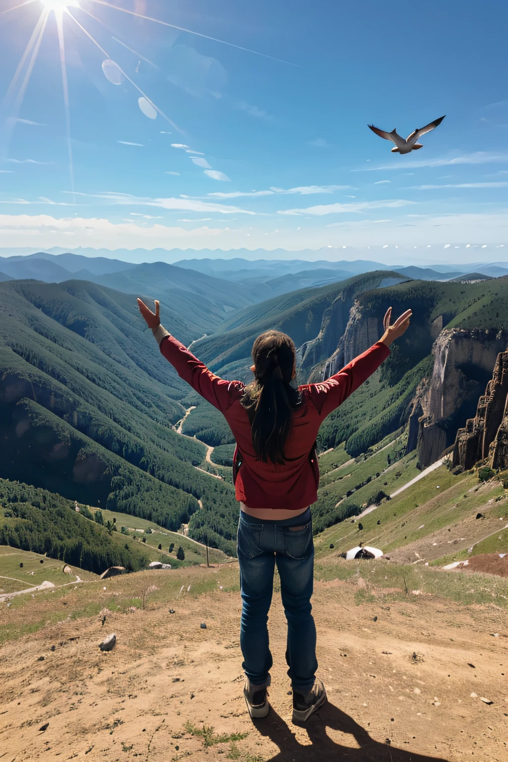 A brave and joyful young man is standing on top of a mountain. His eyes shine with excitement as he looks at the vast horizon in front of him.. Your hair blowing in the wind and a radiant smile on your face show your determination and enthusiasm. Ao fundo, as montanhas se estendem majestosamente, and colorful birds fly freely across the sky. Draw this moment of pure joy and confidence!