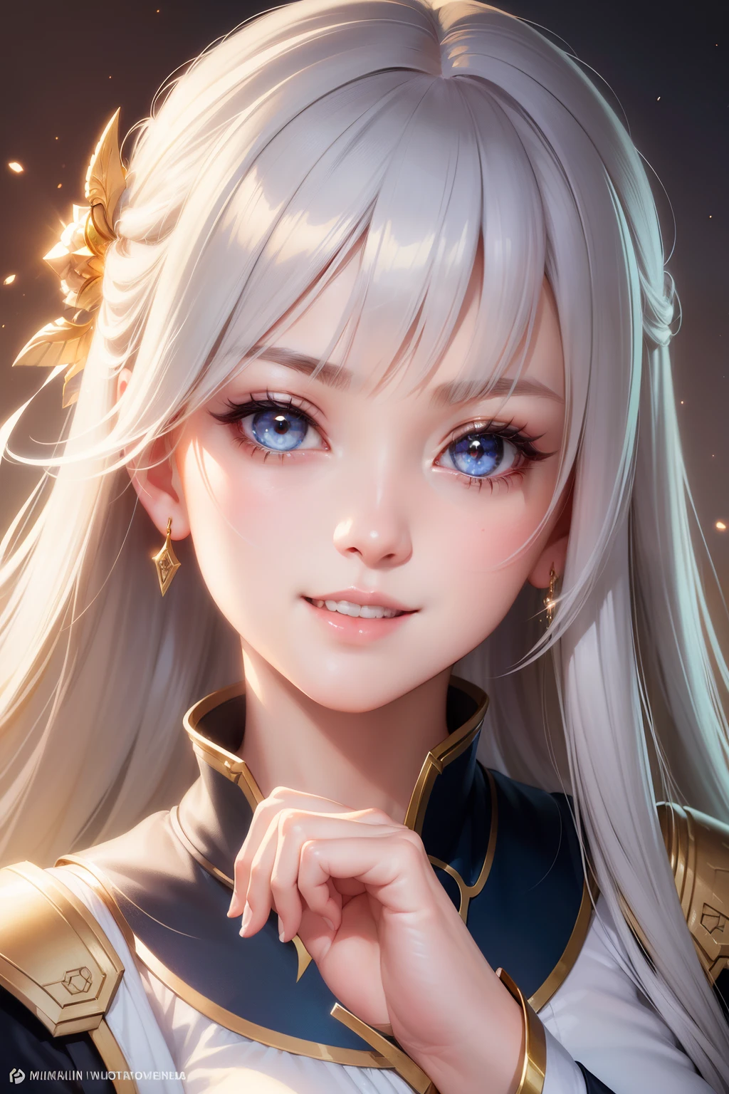 masterpiece, best quality, beautiful detailed hair detailed face, perfect feminine face, (happy:1.2), open mouth, smiling, (close-up potrait:1.2), face focus, a beautiful and cute girl with sparkling and glowing silver hair, young girl, solo, 1girl, ahoge, side hair, very long hair, shiny skin, shiny foreheads, lens flare, sharp focus, volumetric lighting, trending on artstation, pixiv, by sakimichan, george kamitani, akira yasuda, alphonse mucha, greg rutkowski, gil elvgren, william-adolphe bouguereau