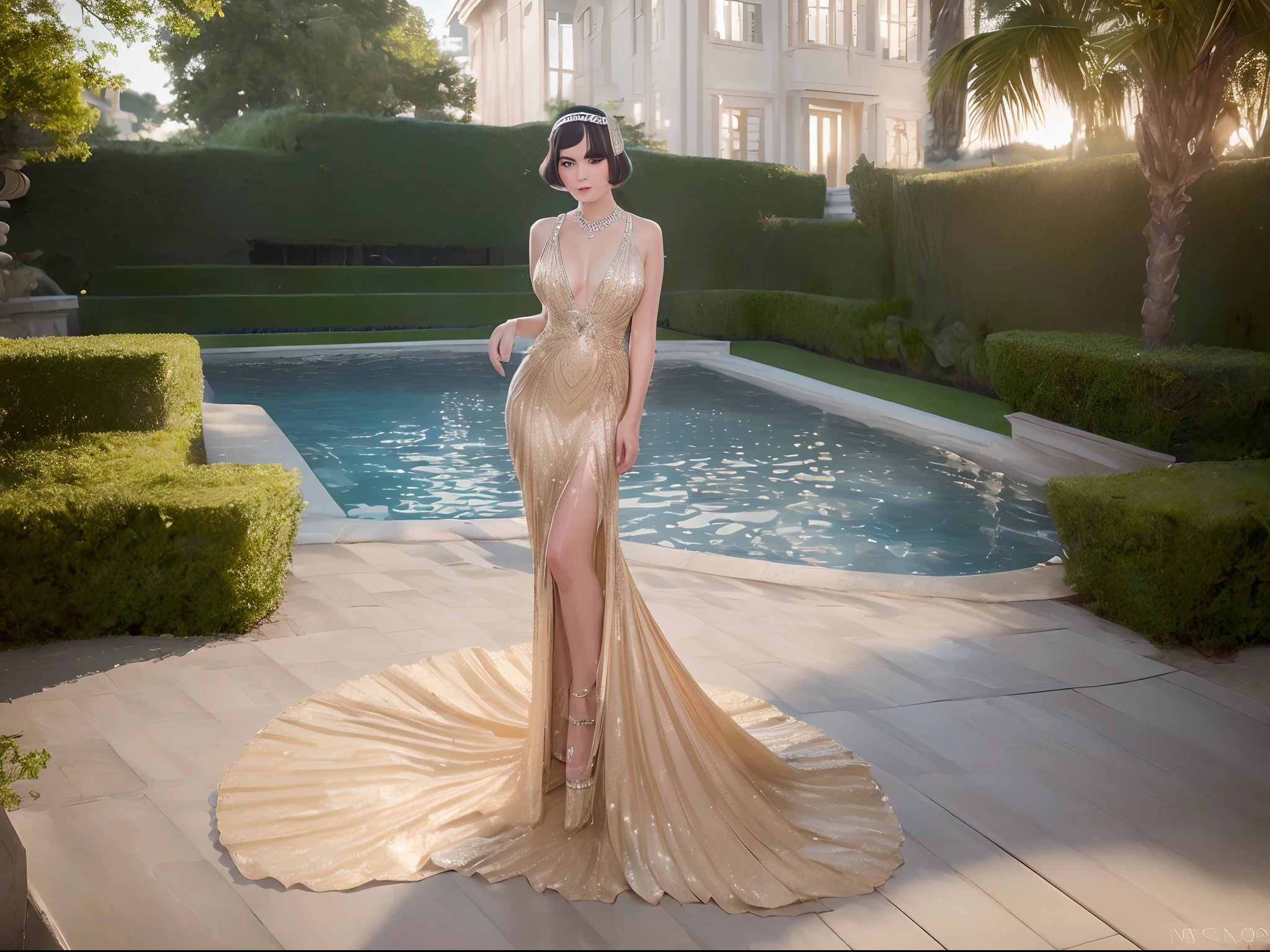 (best quality,8k,highres,masterpiece:1.2),ultra-detailed,(realistic,photorealistic,photo-realistic:1.37), Glamorous Gatsby-Inspired Portraits: Create elegant and timeless portraits of a Flapper with large breast in full Gatsby attire, complete with a sequined dress and feathered headband., Outside by the swimming pool at the Gatsby Mansion, (full body:2), highly detailed