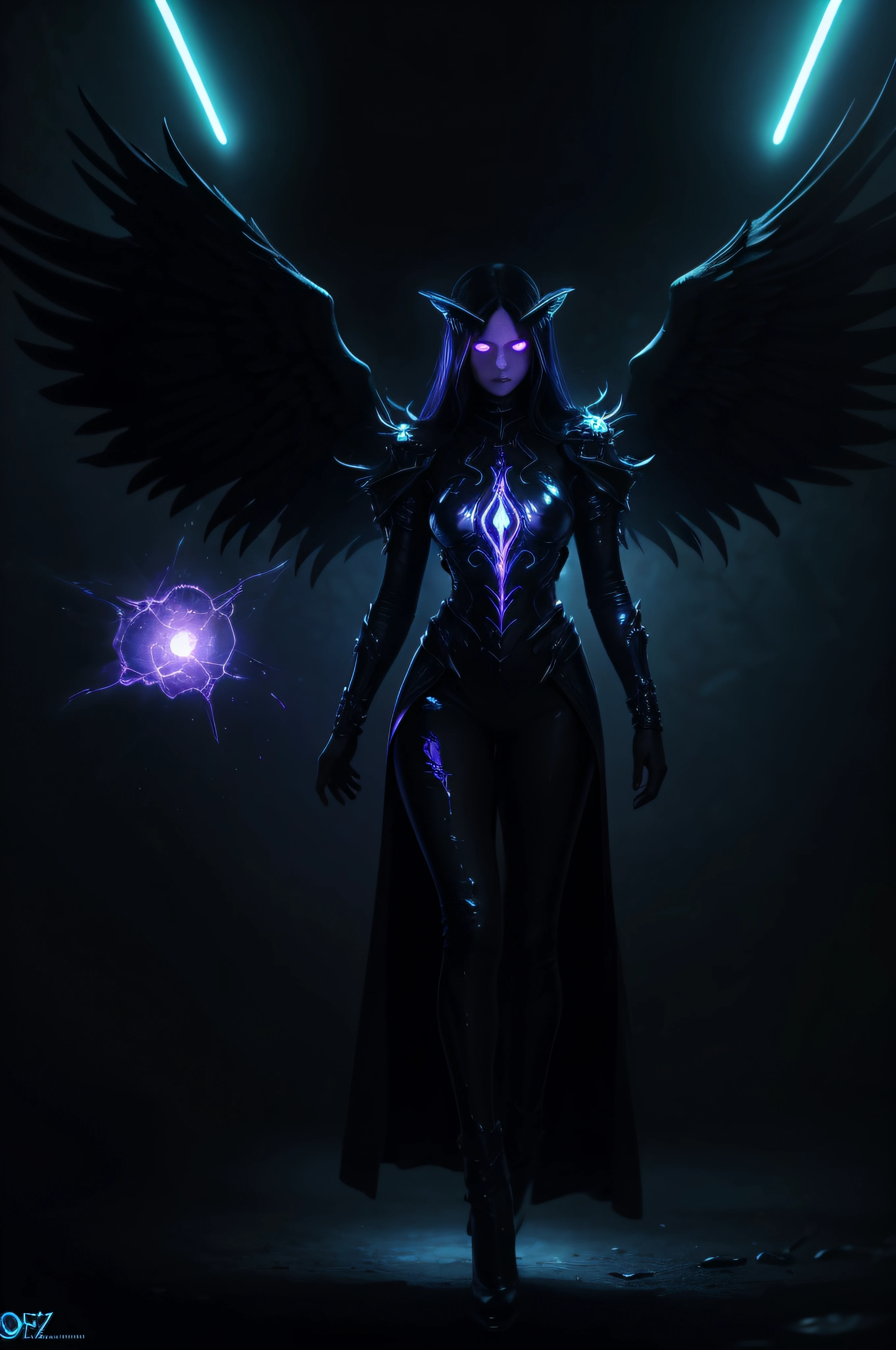 Cosmic Fallen Angel, Glowing light eyes, Dark fentezi, Neo-rendering,eldritch, Creepy, nightmarish, Very bright colors, light particles, with luminous light, Mshiff, Wallpaper Art, UHD wallpaper, slaanesh, seductive